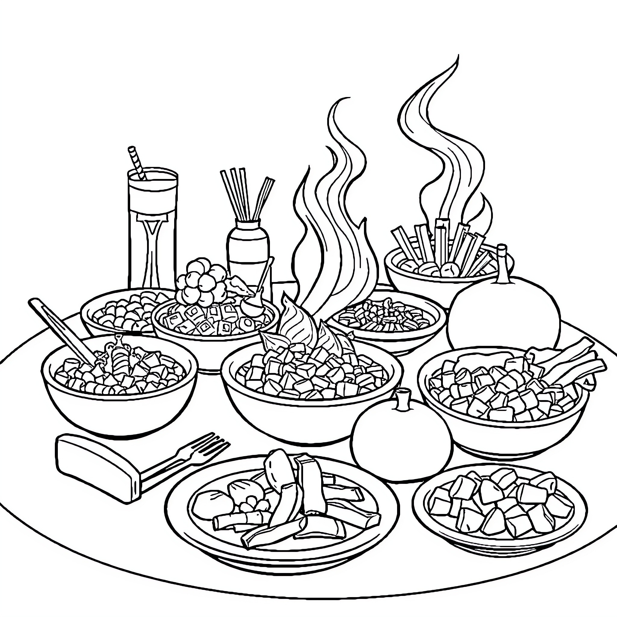 Food Spread with Various Dishes and Utensils Coloring Page (free black-and-white line drawing printable PDF for all, from beginners to advanced learners, including children, teens, adults, and seniors)