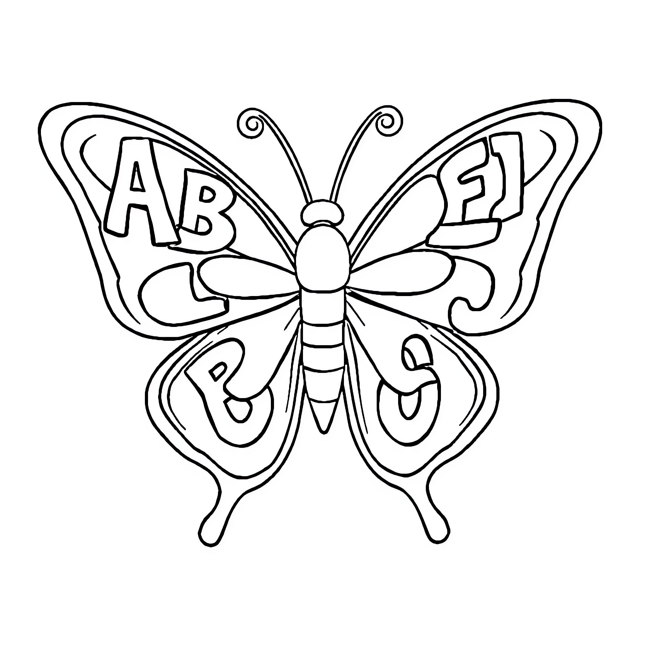 Butterfly with Stylized Alphabet Letters Coloring Page (free black-and-white line drawing printable PDF for all, from beginners to advanced learners, including children, teens, adults, and seniors)