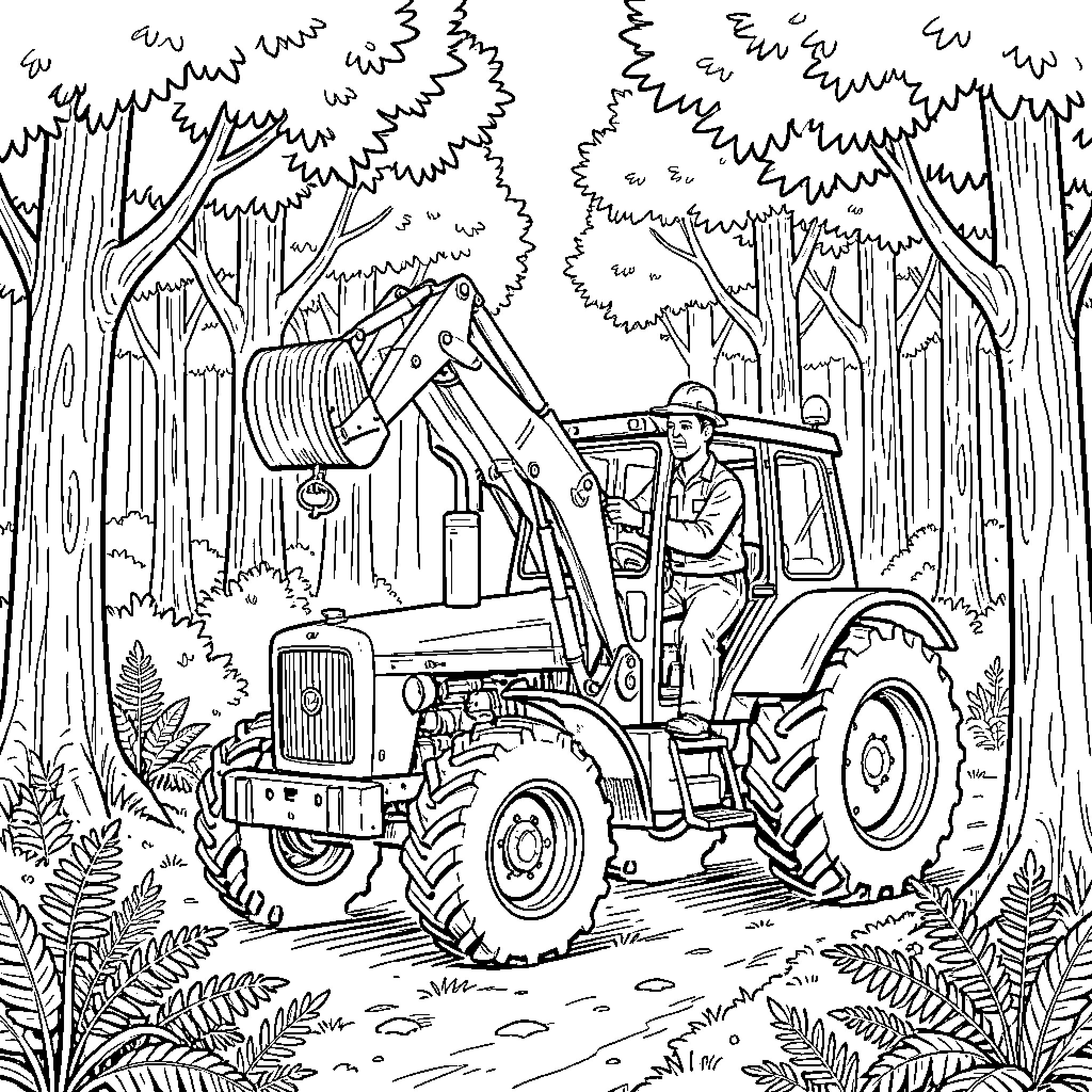 Ouvrier operating a tractor in a dense forest Coloring Page (free black-and-white line drawing printable PDF for all, from beginners to advanced learners, including children, teens, adults, and seniors)