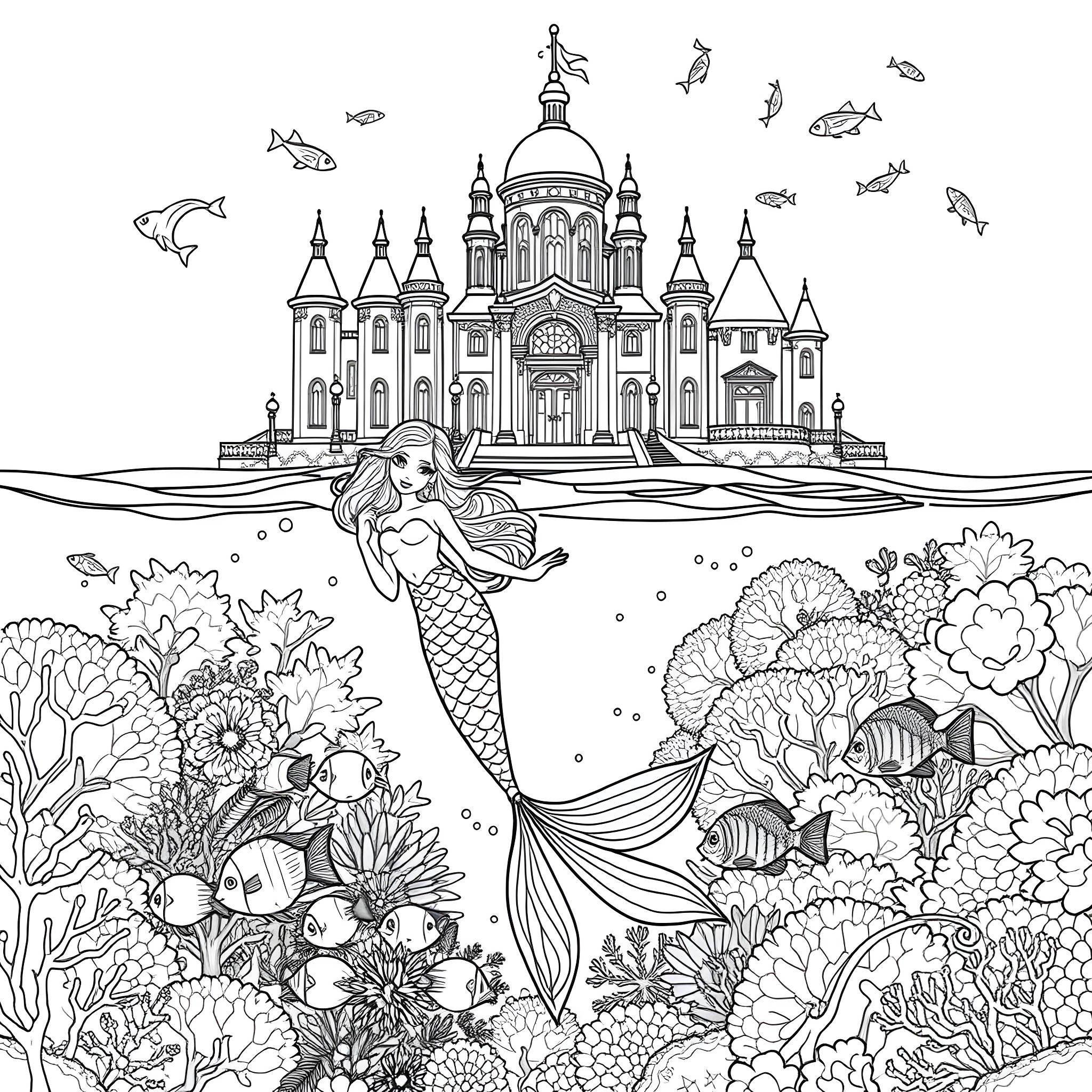 Mermaid swimming in the ocean near a fantastical castle Coloring Page (free black-and-white line drawing printable PDF for all, from beginners to advanced learners, including children, teens, adults, and seniors)