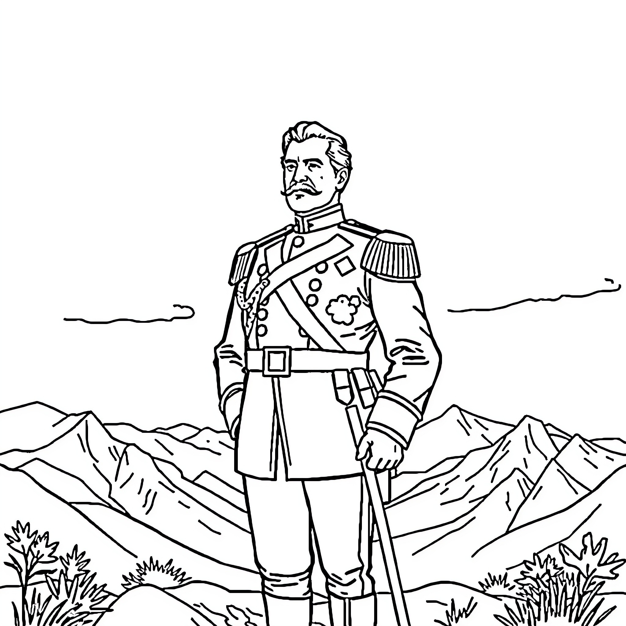 Simón Bolívar Standing Proudly in Mountain Landscape Coloring Page (free black-and-white line drawing printable PDF for all, from beginners to advanced learners, including children, teens, adults, and seniors)