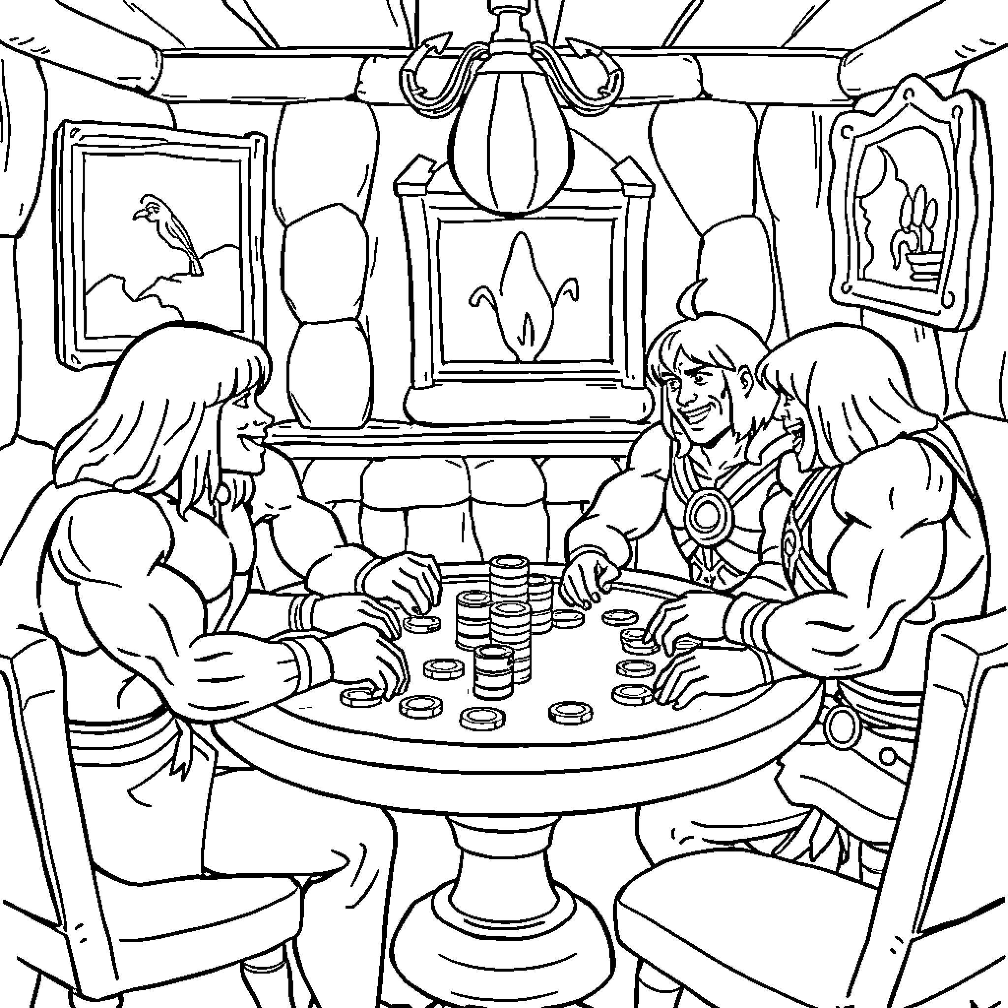 He-Man and Skeletor Playing Strategy Game Coloring Page (free black-and-white line drawing printable PDF for all, from beginners to advanced learners, including children, teens, adults, and seniors)