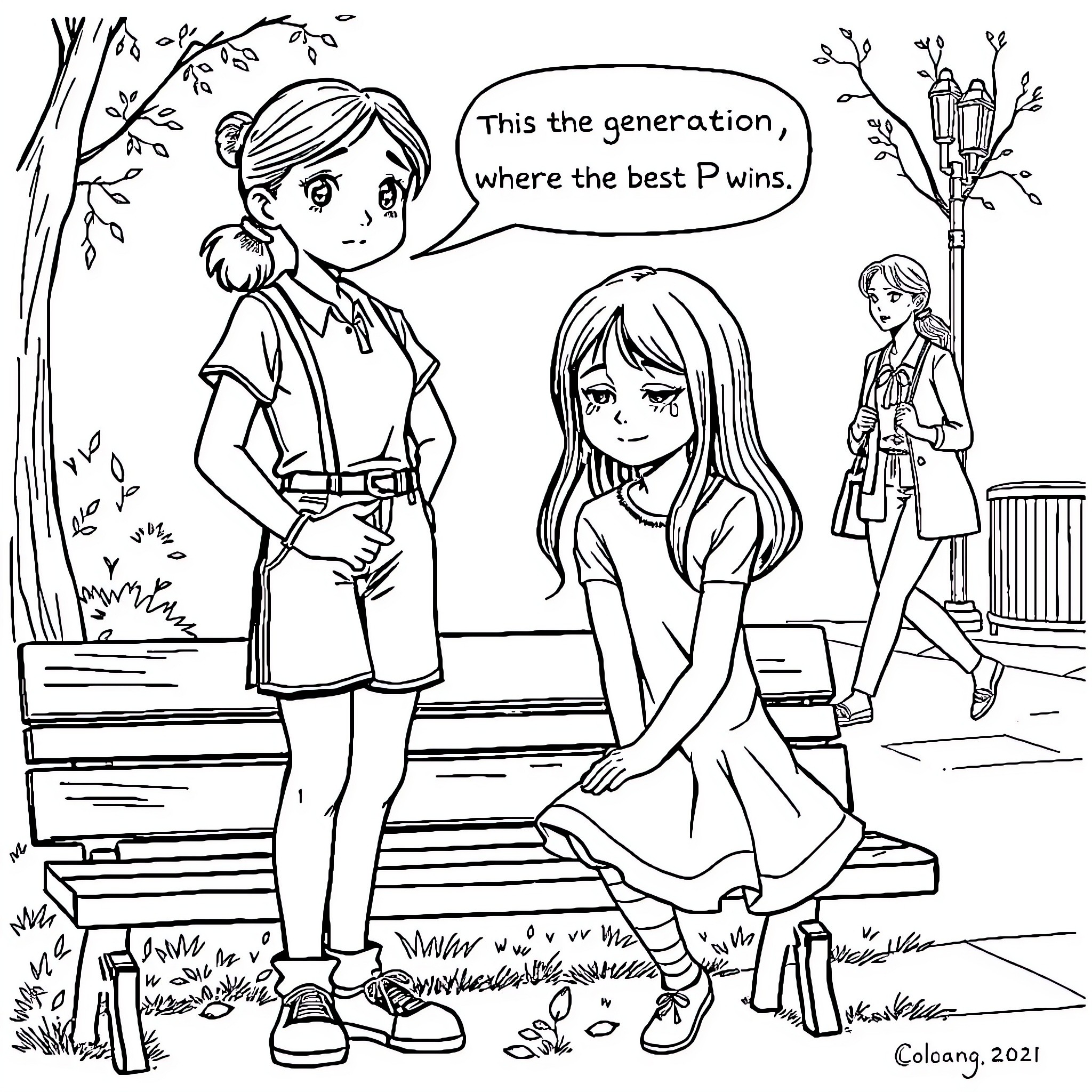 Girl discusses best Pokemons with friends in the park Coloring Page (free black-and-white line drawing printable PDF for all, from beginners to advanced learners, including children, teens, adults, and seniors)