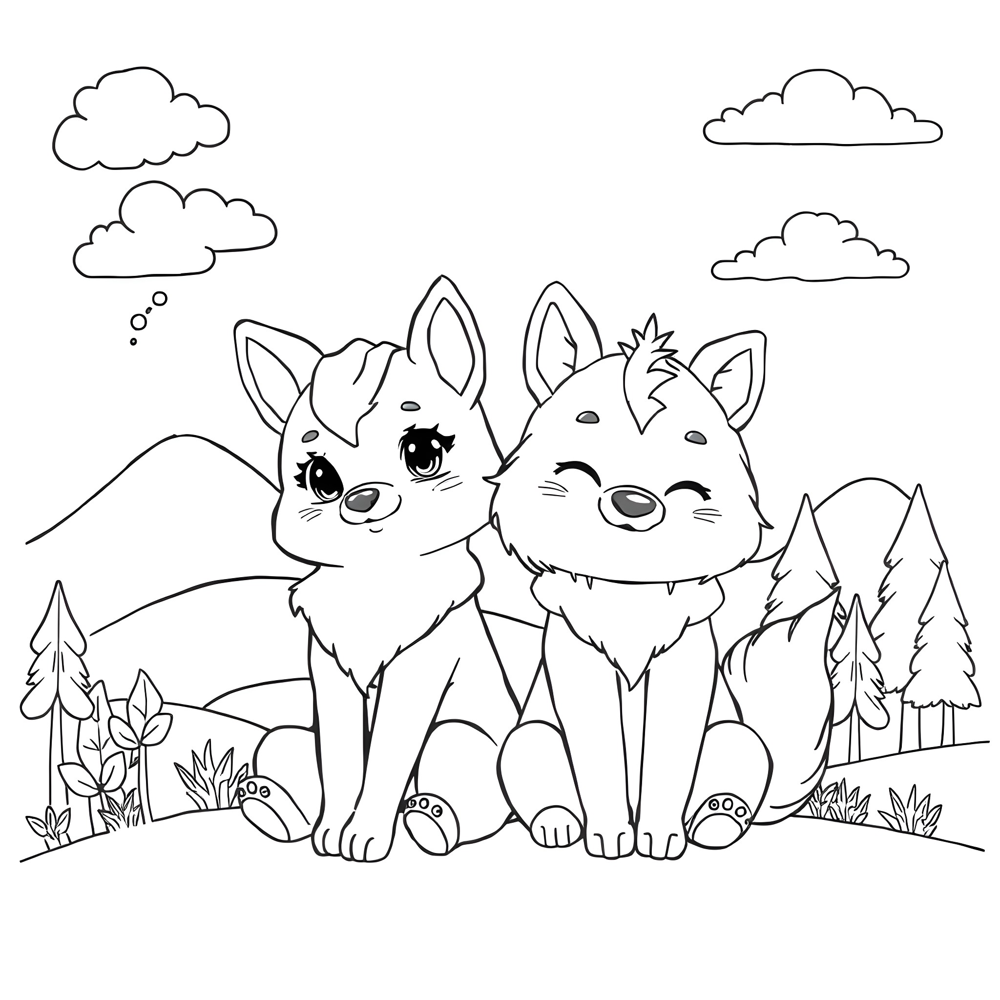 Anime Animal Foxes Playing in the Wilderness Coloring Page (free black-and-white line drawing printable PDF for all, from beginners to advanced learners, including children, teens, adults, and seniors)