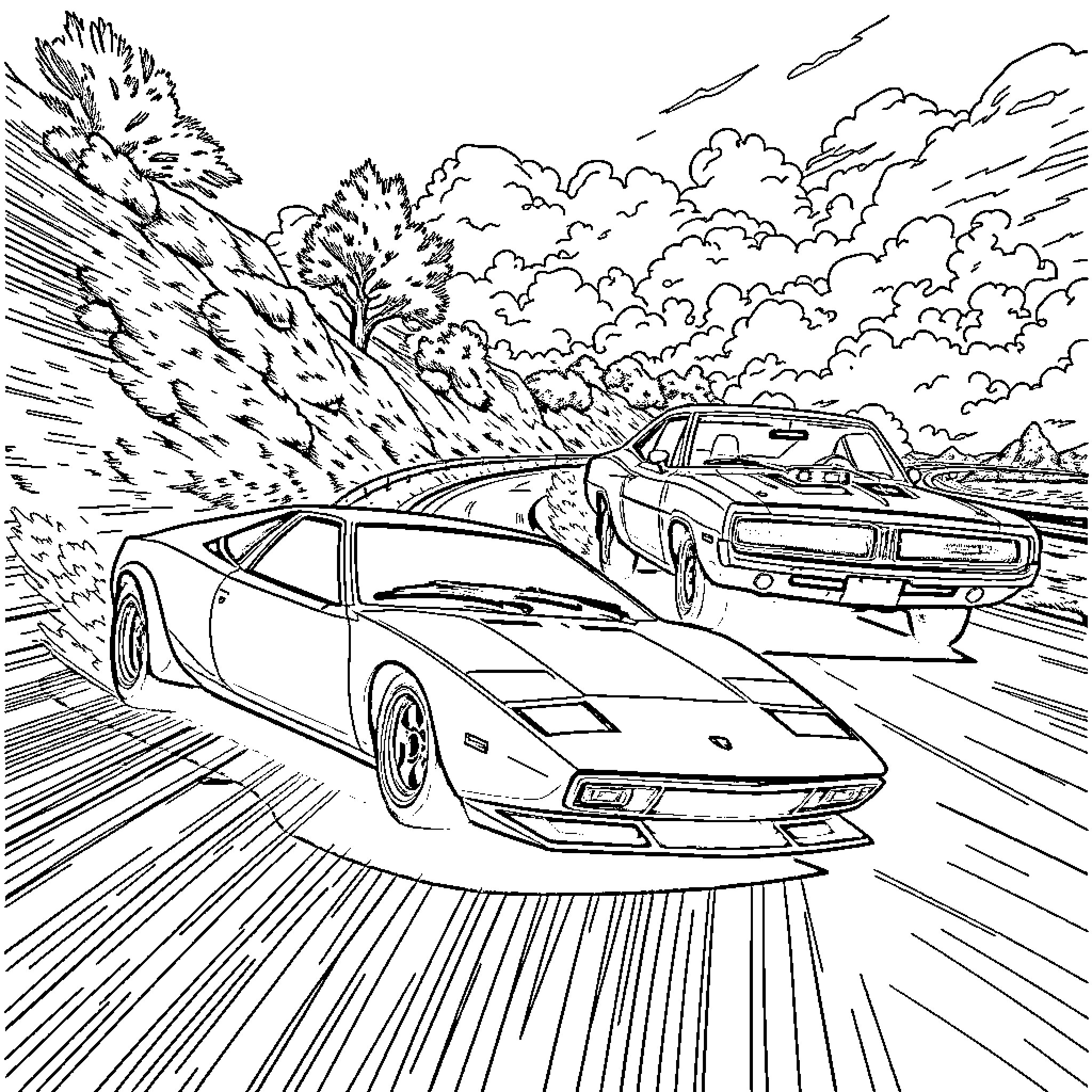 Car racing on winding road through scenic landscape Coloring Page (free black-and-white line drawing printable PDF for all, from beginners to advanced learners, including children, teens, adults, and seniors)