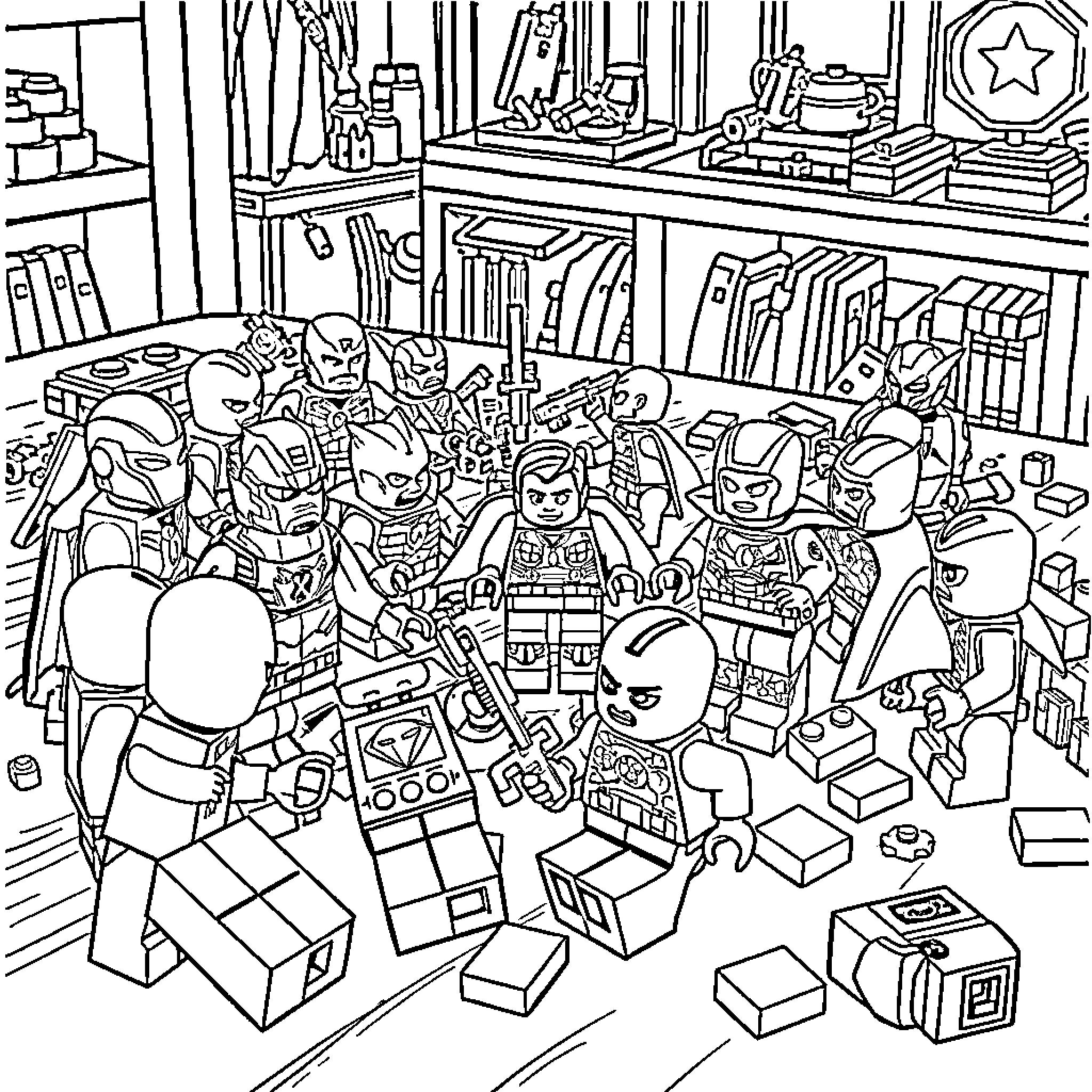 Lego Avengers Assembled in Chaotic Teamwork Coloring Page (free black-and-white line drawing printable PDF for all, from beginners to advanced learners, including children, teens, adults, and seniors)