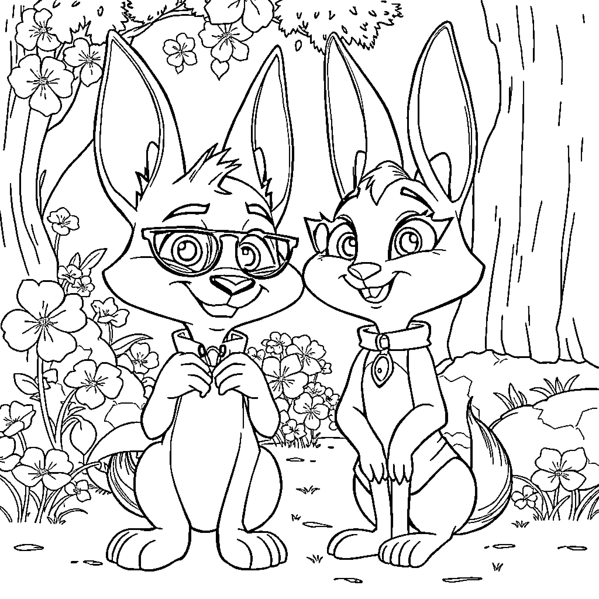 Nick Wilde and Judy Hopps in a Floral Garden Coloring Page (free black-and-white line drawing printable PDF for all, from beginners to advanced learners, including children, teens, adults, and seniors)