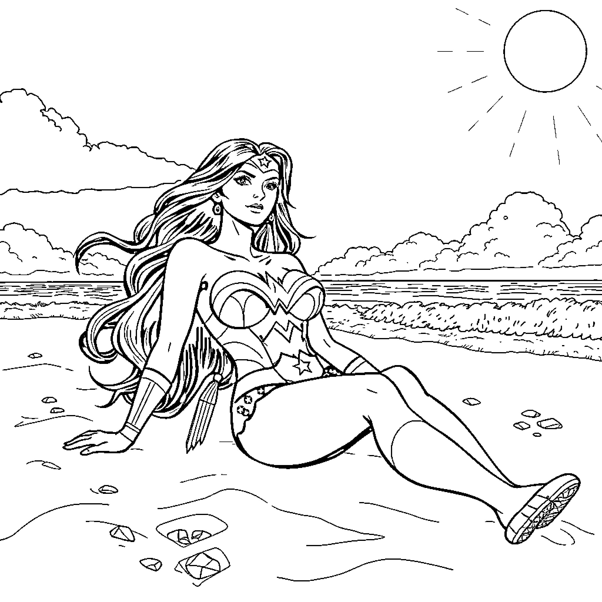 Wonder Woman relaxing on the beach Coloring Page (free black-and-white line drawing printable PDF for all, from beginners to advanced learners, including children, teens, adults, and seniors)