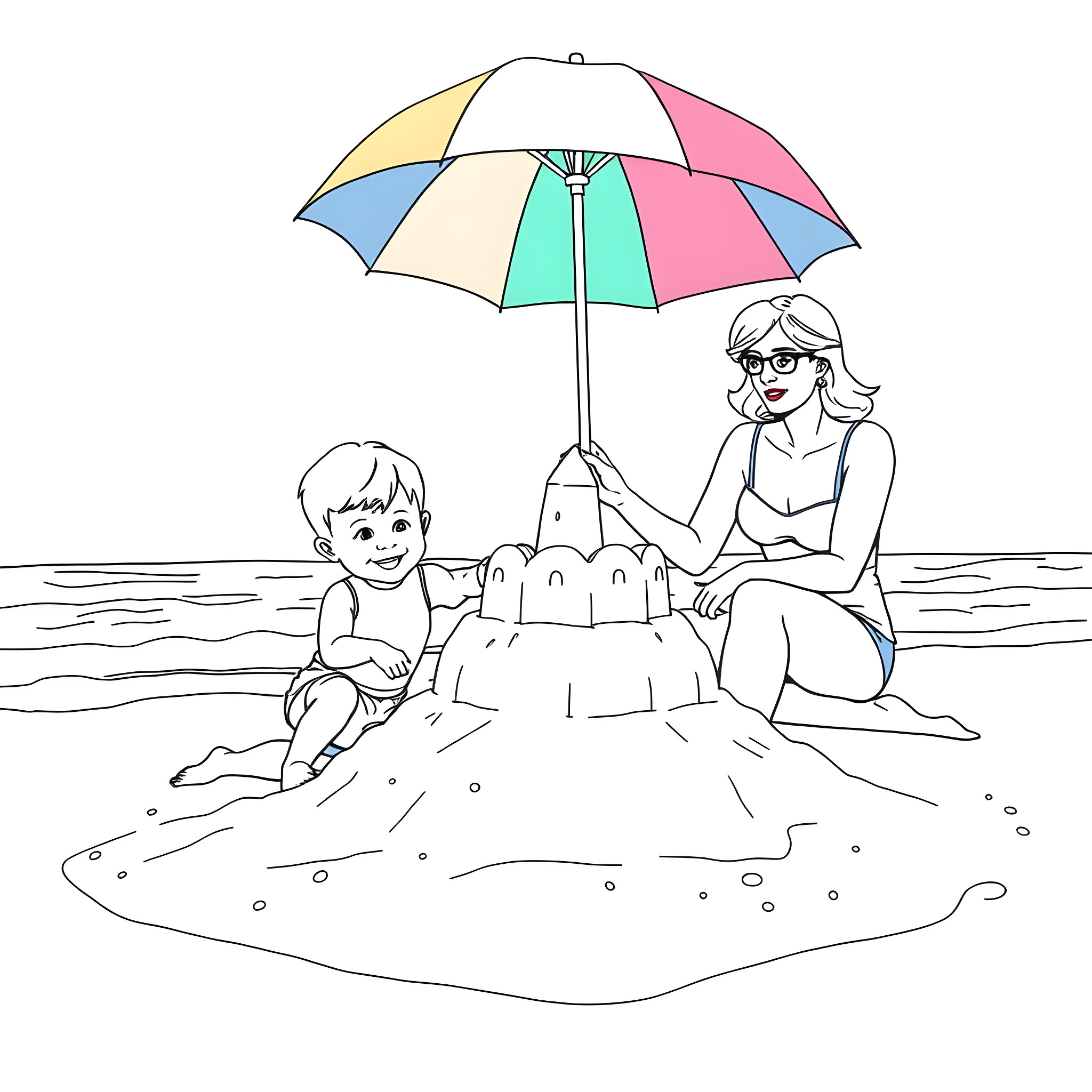 Child building sandcastle under colorful umbrella Coloring Page (free black-and-white line drawing printable PDF for all, from beginners to advanced learners, including children, teens, adults, and seniors)