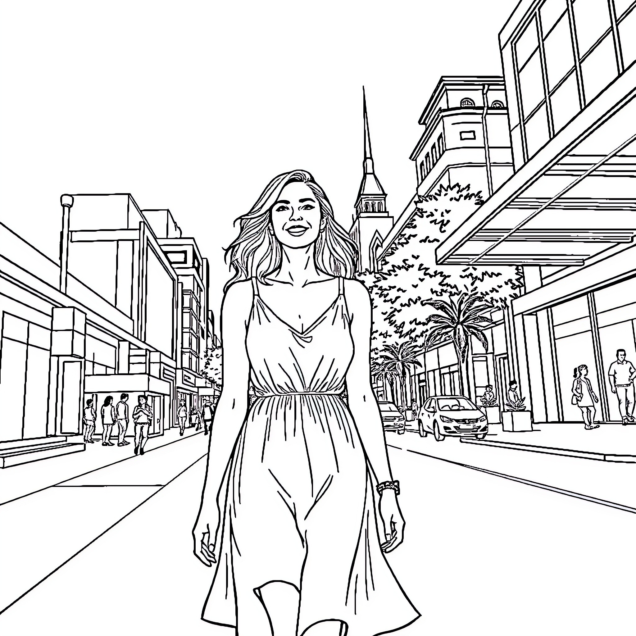 Woman in casual dress strolling through city streets Coloring Page (free black-and-white line drawing printable PDF for all, from beginners to advanced learners, including children, teens, adults, and seniors)