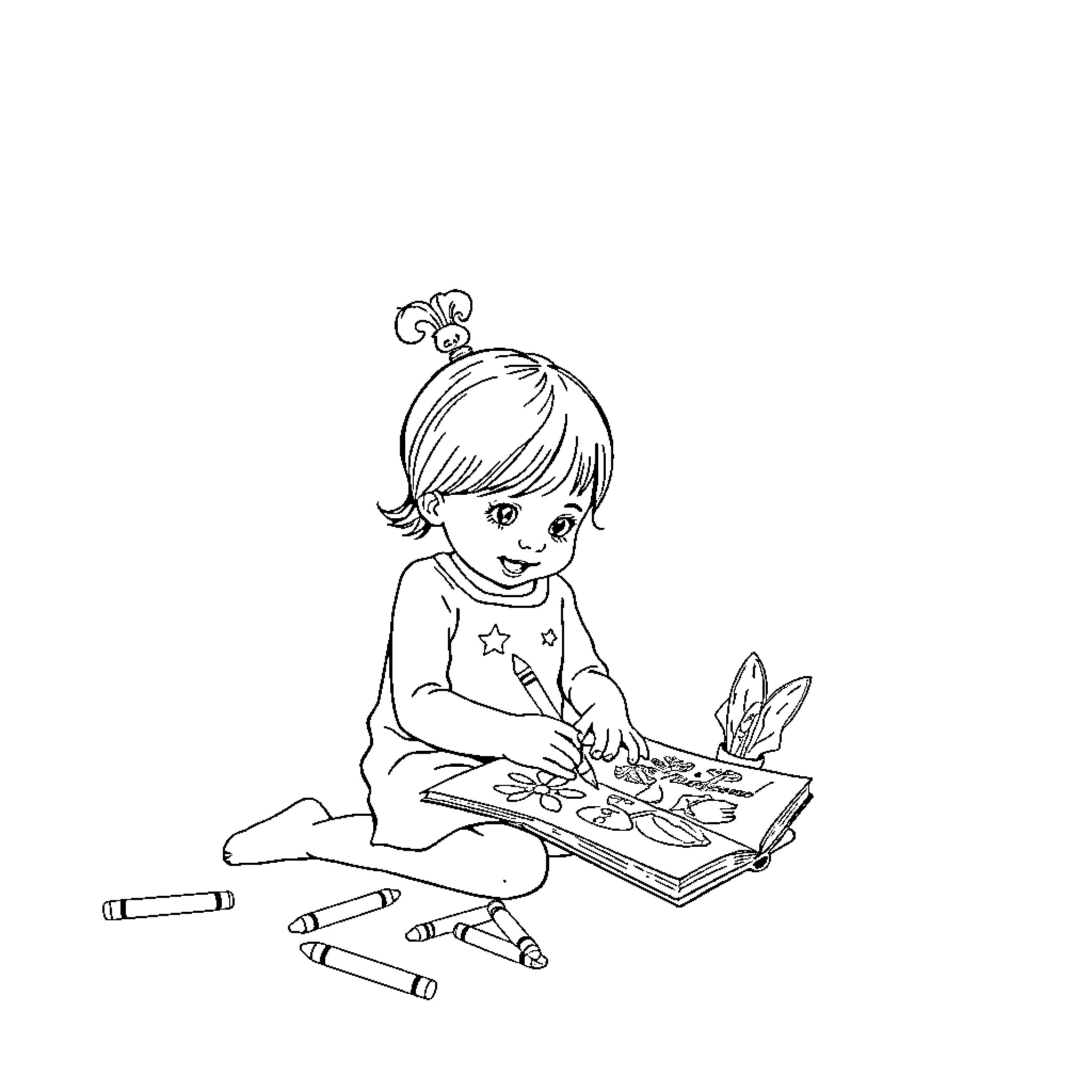 Girl Happily Coloring in a Coloring Book Coloring Page (free black-and-white line drawing printable PDF for all, from beginners to advanced learners, including children, teens, adults, and seniors)