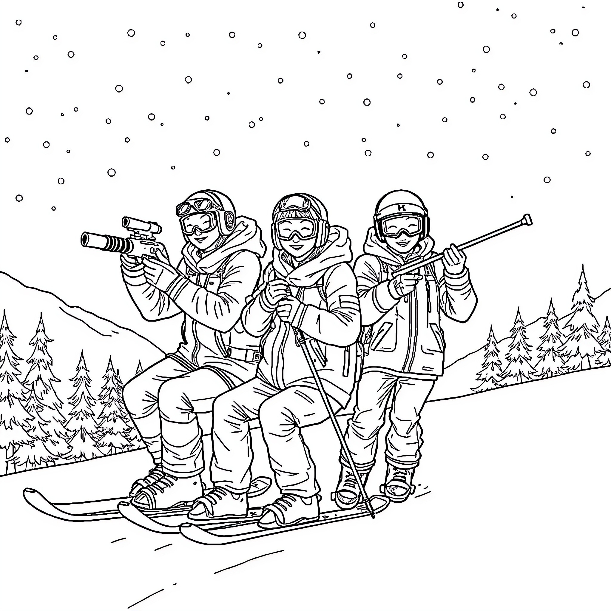 Kpop Idols Skiing in the Snow Coloring Page (free black-and-white line drawing printable PDF for all, from beginners to advanced learners, including children, teens, adults, and seniors)