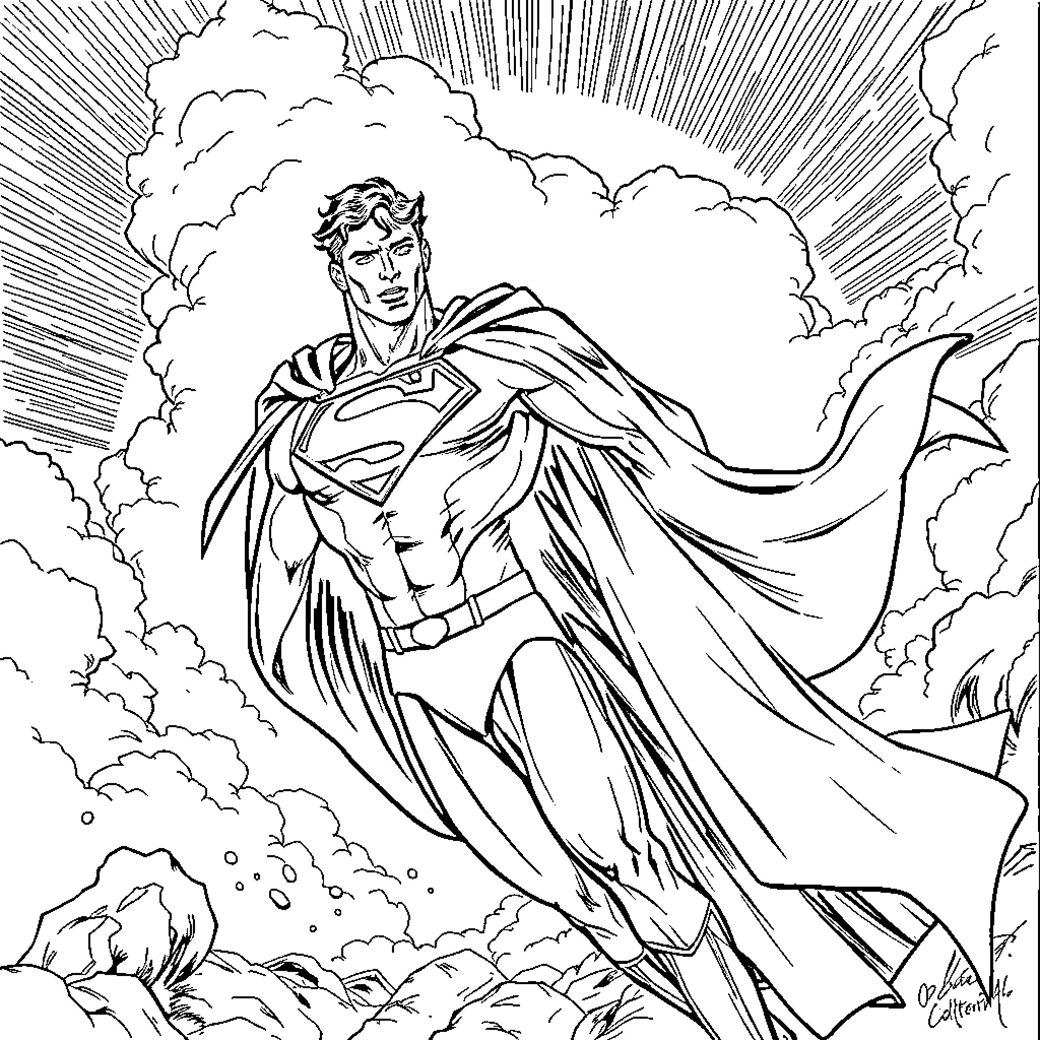 Superman heroically soaring through the clouds Coloring Page (free black-and-white line drawing printable PDF for all, from beginners to advanced learners, including children, teens, adults, and seniors)