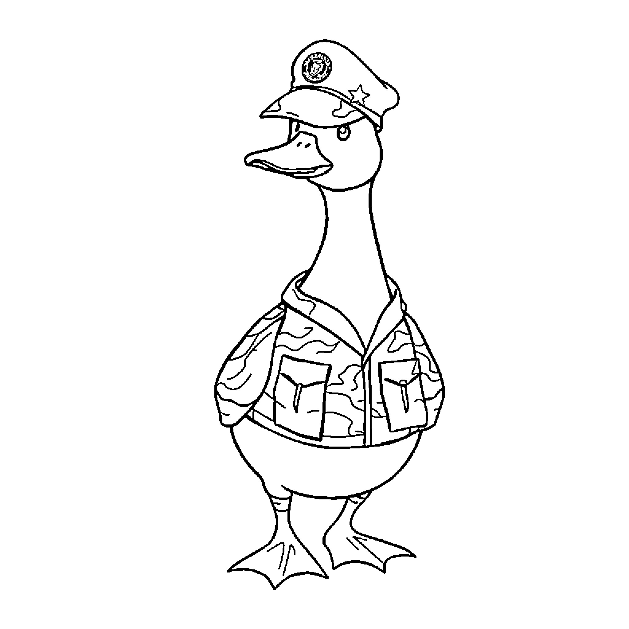 Duck officer in uniform protecting the pond Coloring Page (free black-and-white line drawing printable PDF for all, from beginners to advanced learners, including children, teens, adults, and seniors)