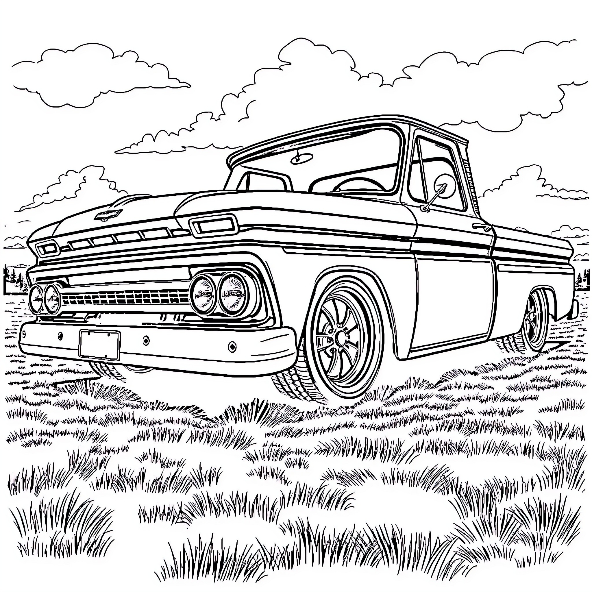 Chevy Pickup Truck in Grassy Field Coloring Page (free black-and-white line drawing printable PDF for all, from beginners to advanced learners, including children, teens, adults, and seniors)