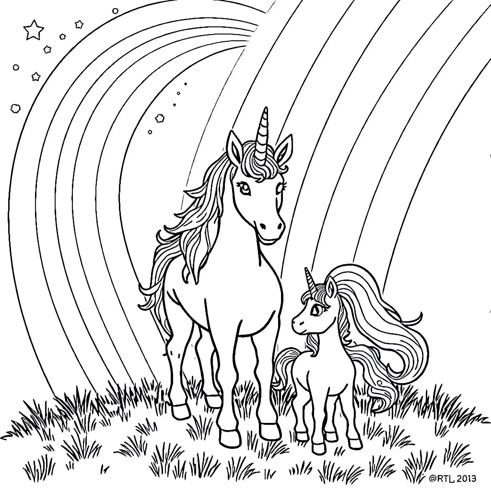 Unicorn and its baby enjoying the enchanted meadow Coloring Page (free black-and-white line drawing printable PDF for all, from beginners to advanced learners, including children, teens, adults, and seniors)