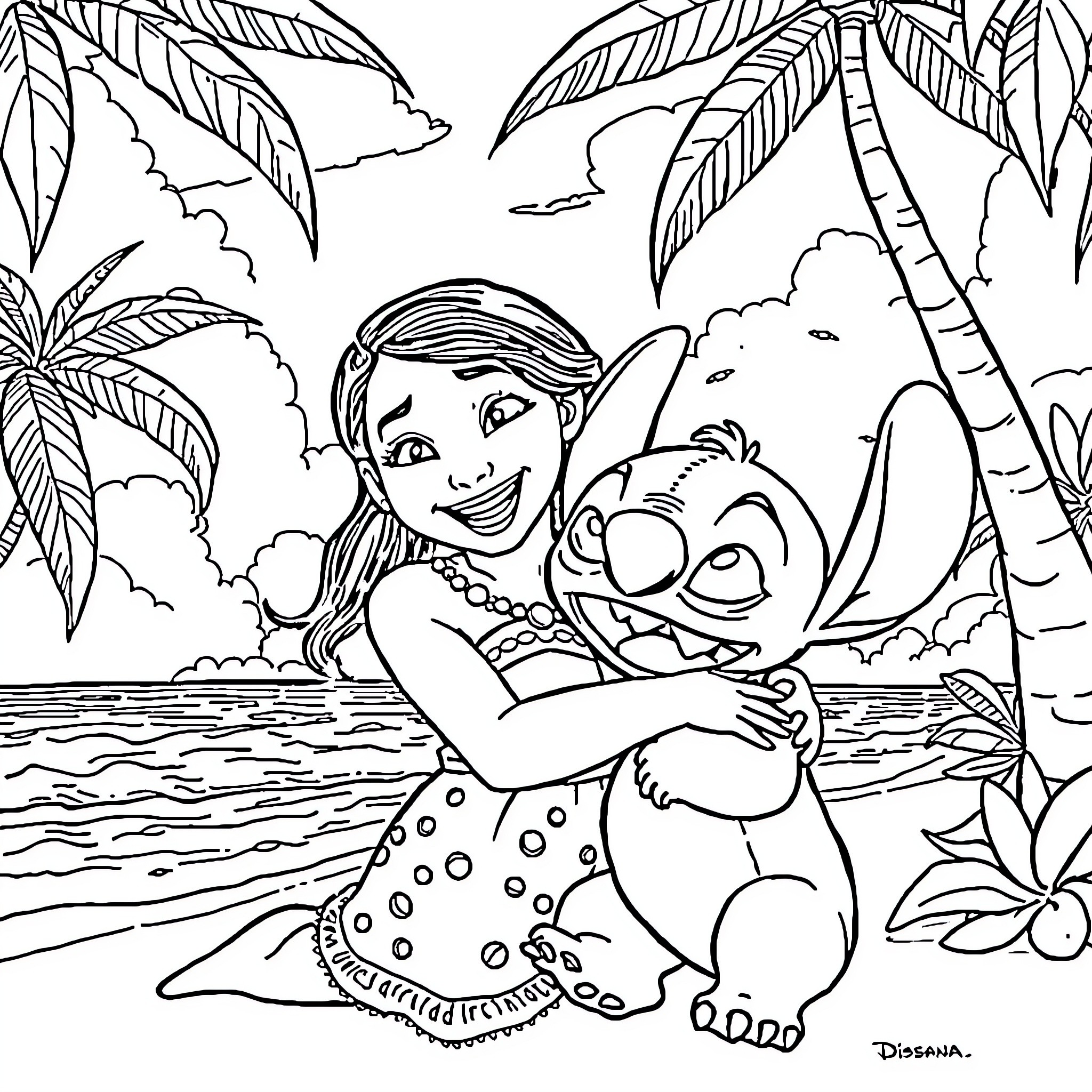 Moana playing with Stitch in the tropical island Coloring Page (free black-and-white line drawing printable PDF for all, from beginners to advanced learners, including children, teens, adults, and seniors)