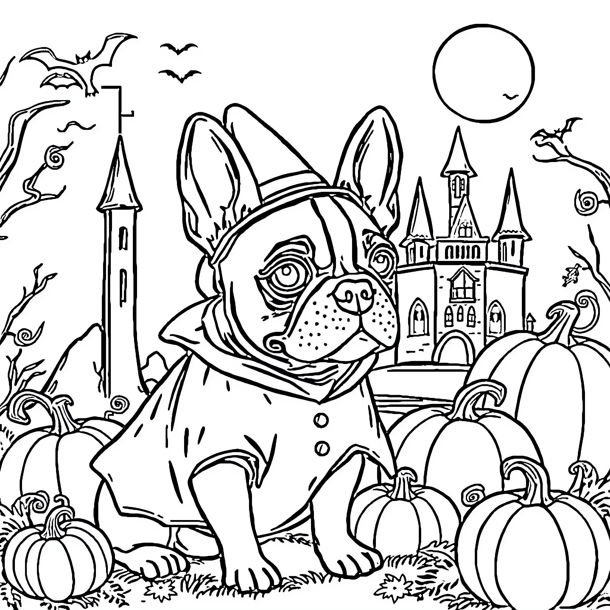 Boston Terrier in Spooky Halloween Scene Coloring Page (free black-and-white line drawing printable PDF for all, from beginners to advanced learners, including children, teens, adults, and seniors)