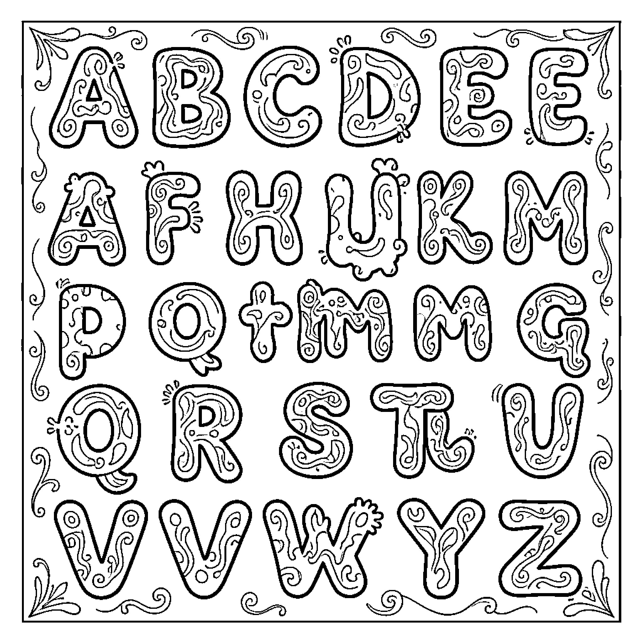 Alphabet Letters Arranged with Intricate Designs Coloring Page (free black-and-white line drawing printable PDF for all, from beginners to advanced learners, including children, teens, adults, and seniors)