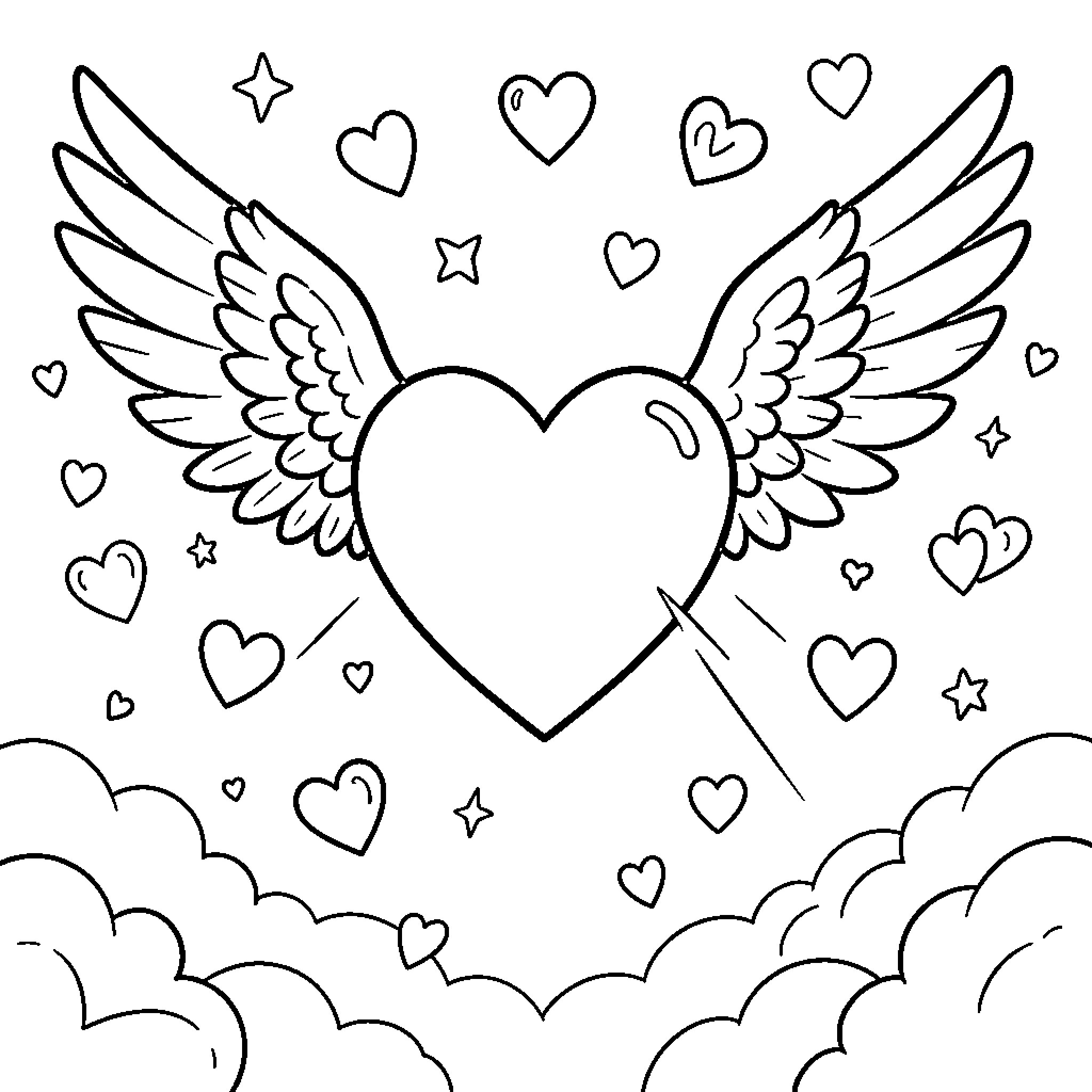 Heart with Angelic Wings in Starry Sky Coloring Page (free black-and-white line drawing printable PDF for all, from beginners to advanced learners, including children, teens, adults, and seniors)