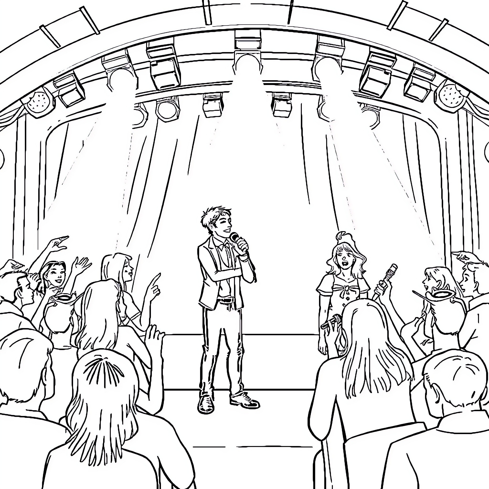 Vampire musician entertains a crowded audience Coloring Page (free black-and-white line drawing printable PDF for all, from beginners to advanced learners, including children, teens, adults, and seniors)