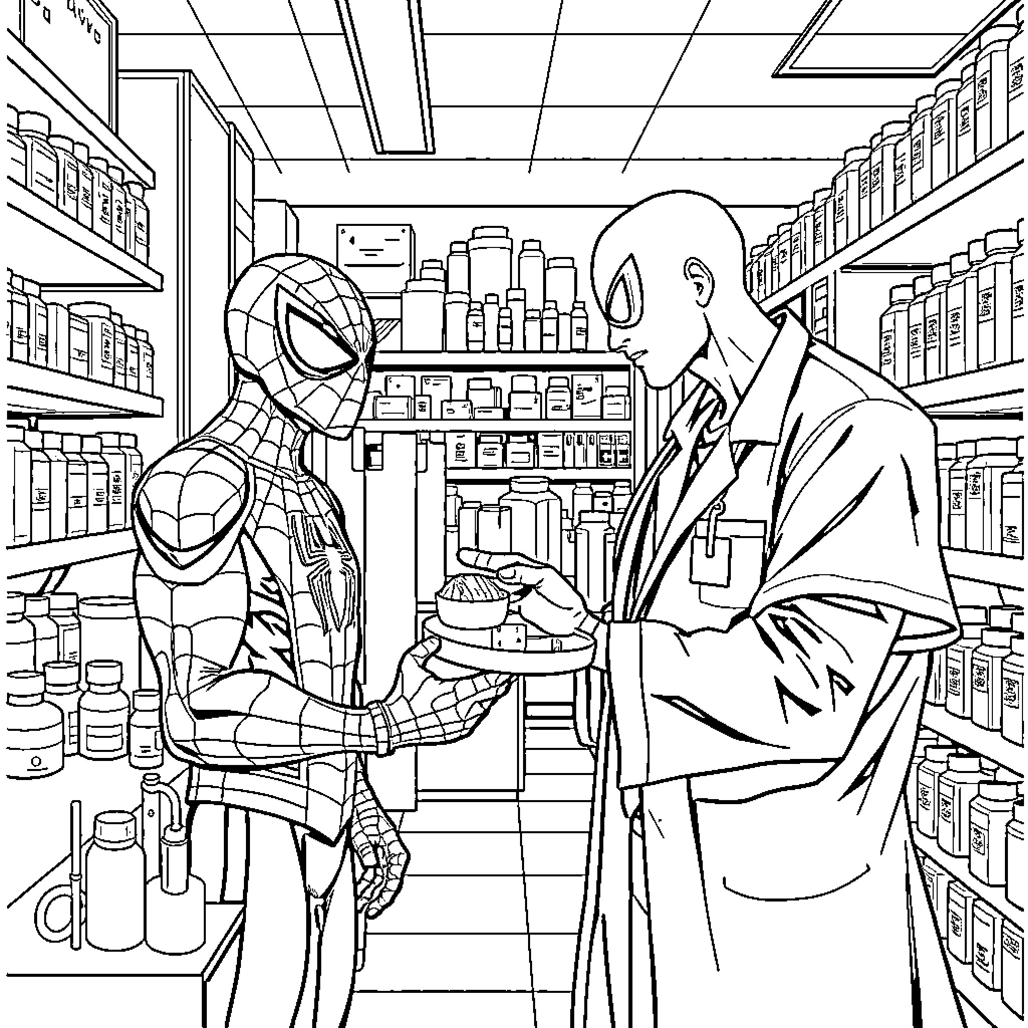 Pharmacist assisting Spider-Man in a medical supply store Coloring Page (free black-and-white line drawing printable PDF for all, from beginners to advanced learners, including children, teens, adults, and seniors)