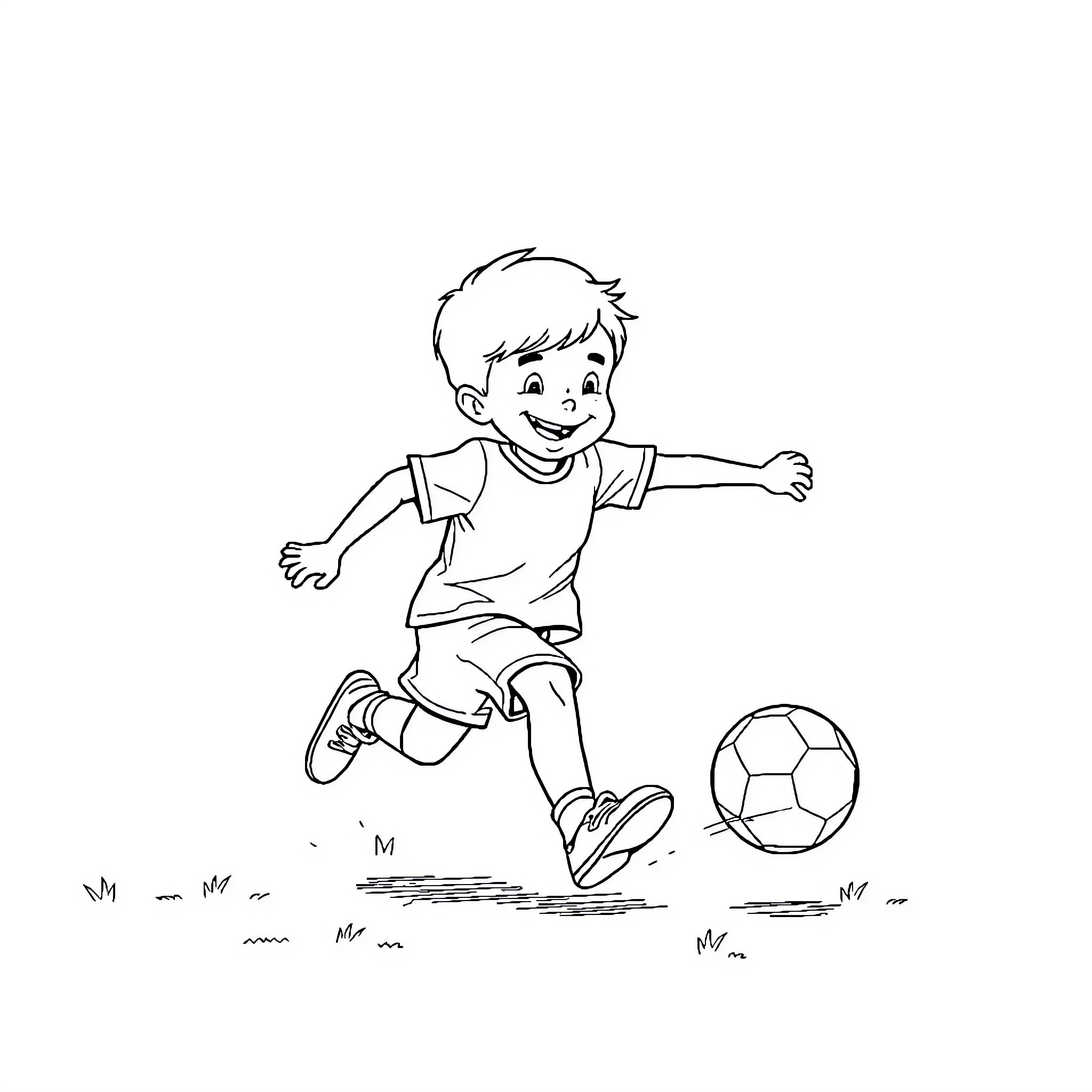 Child playing with soccer ball on the field Coloring Page (free black-and-white line drawing printable PDF for all, from beginners to advanced learners, including children, teens, adults, and seniors)
