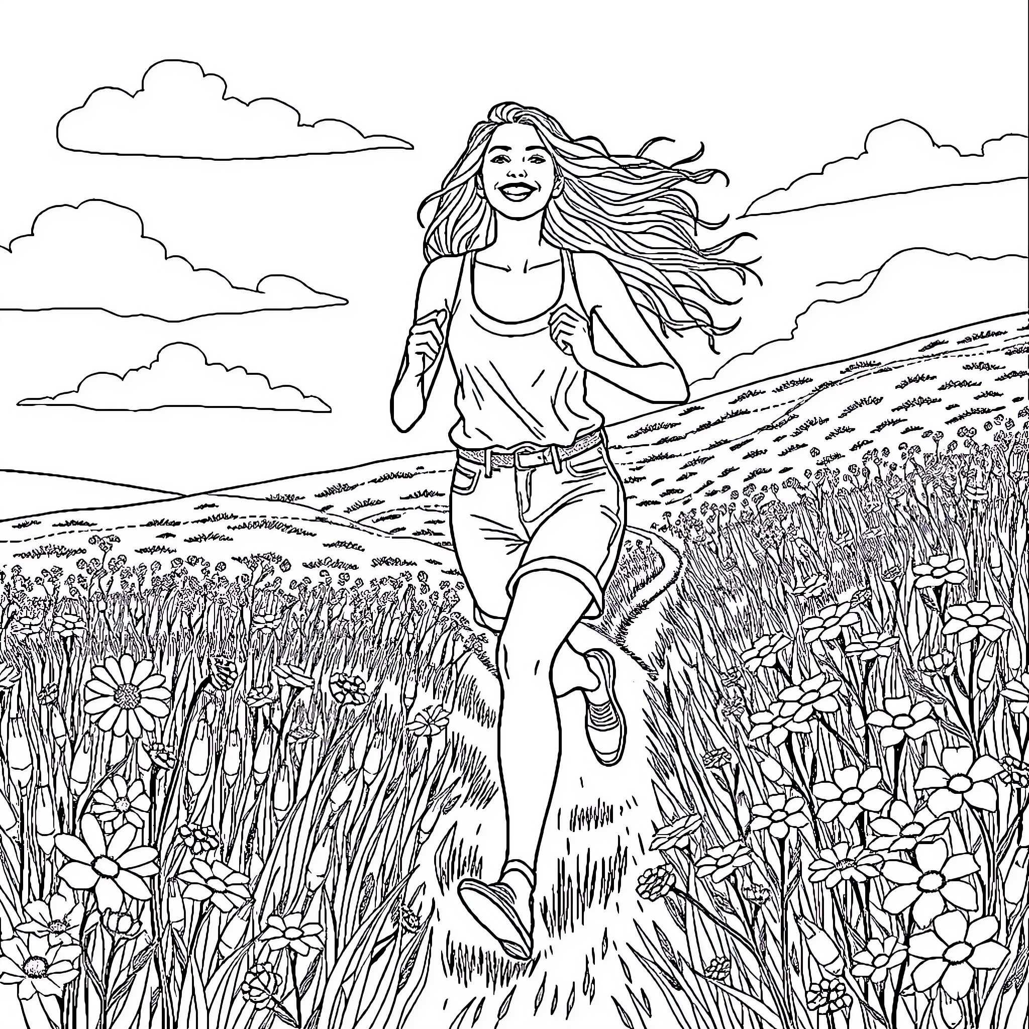 Woman enjoying a joyful run through a flowery meadow Coloring Page (free black-and-white line drawing printable PDF for all, from beginners to advanced learners, including children, teens, adults, and seniors)