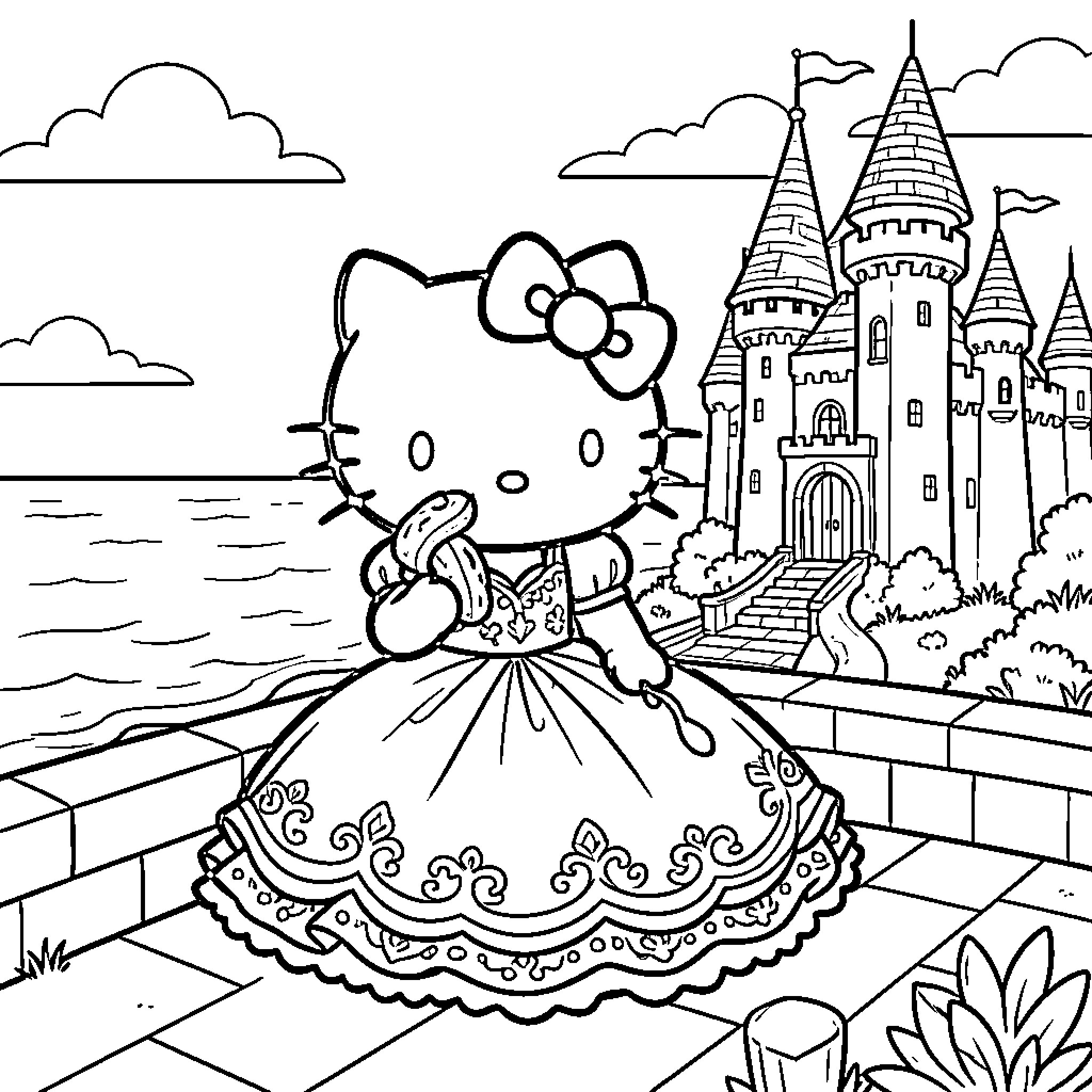 Hello Kitty exploring a medieval castle Coloring Page (free black-and-white line drawing printable PDF for all, from beginners to advanced learners, including children, teens, adults, and seniors)