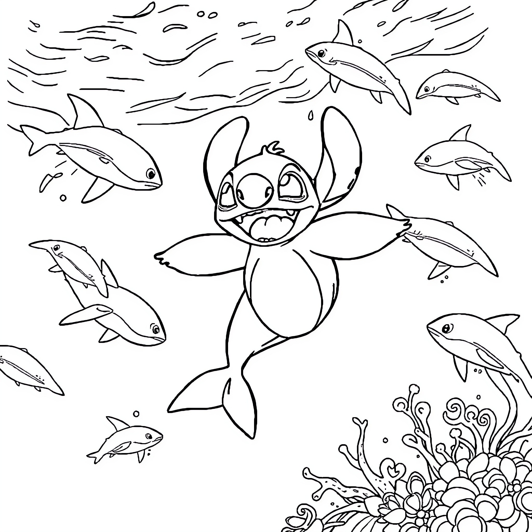 Stitch swimming playfully with friendly sharks Coloring Page (free black-and-white line drawing printable PDF for all, from beginners to advanced learners, including children, teens, adults, and seniors)