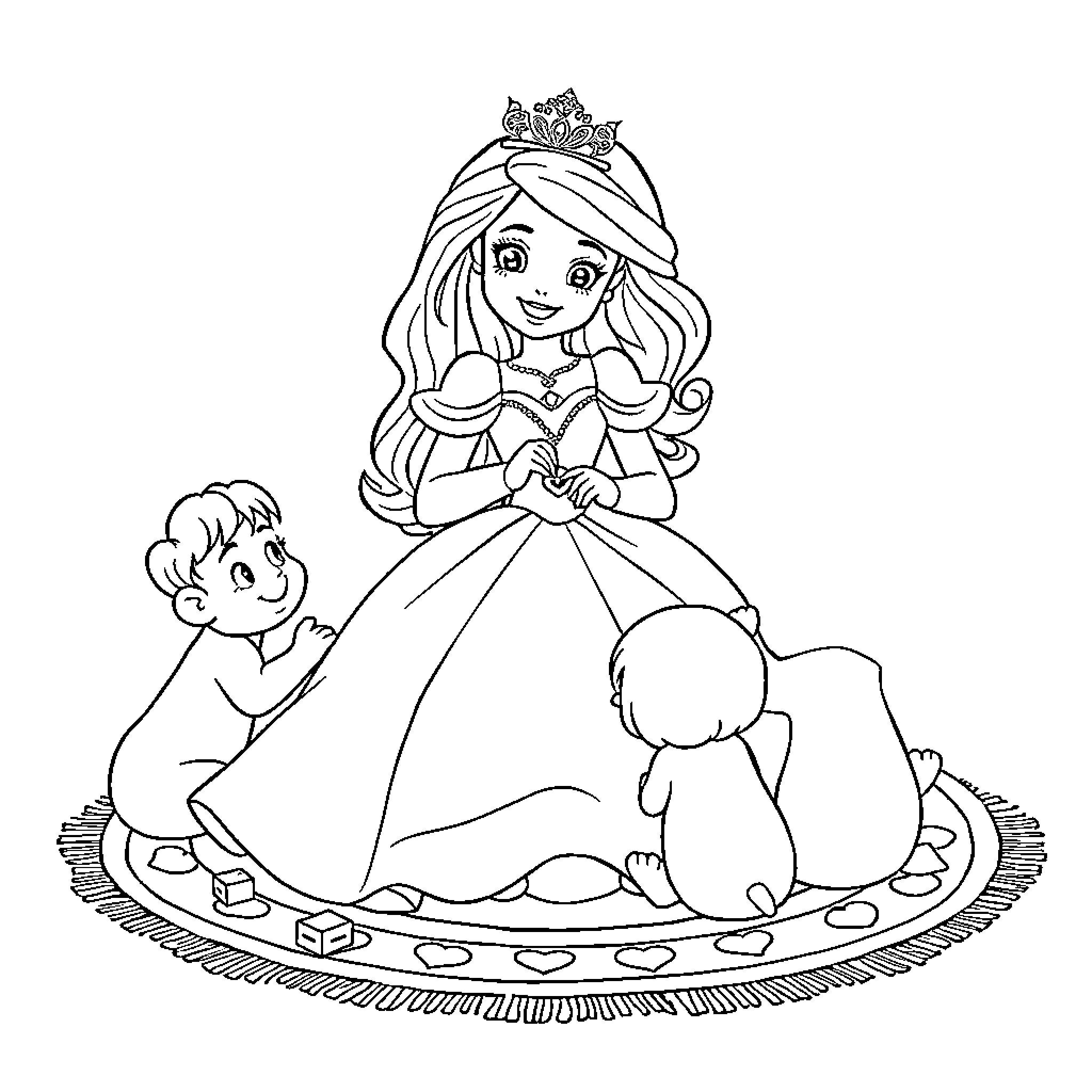 Princess Entertaining Children in Royal Attire Coloring Page (free black-and-white line drawing printable PDF for all, from beginners to advanced learners, including children, teens, adults, and seniors)