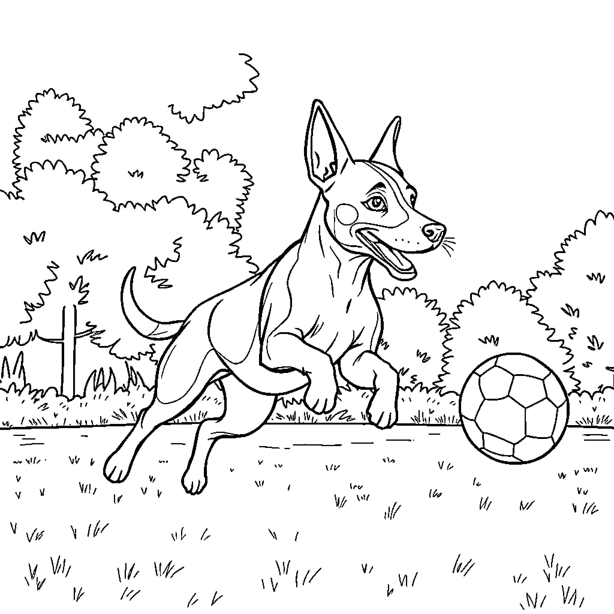 Perro chasing a soccer ball in the park Coloring Page (free black-and-white line drawing printable PDF for all, from beginners to advanced learners, including children, teens, adults, and seniors)