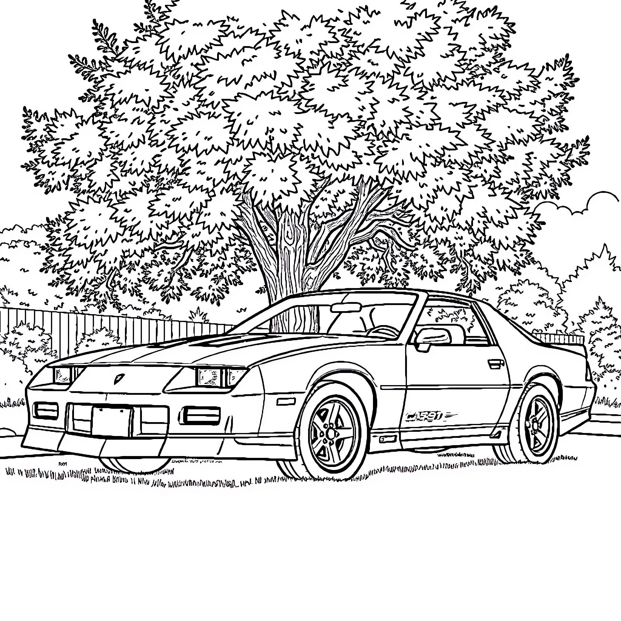 Camaro parked under a lush tree in a scenic landscape Coloring Page (free black-and-white line drawing printable PDF for all, from beginners to advanced learners, including children, teens, adults, and seniors)
