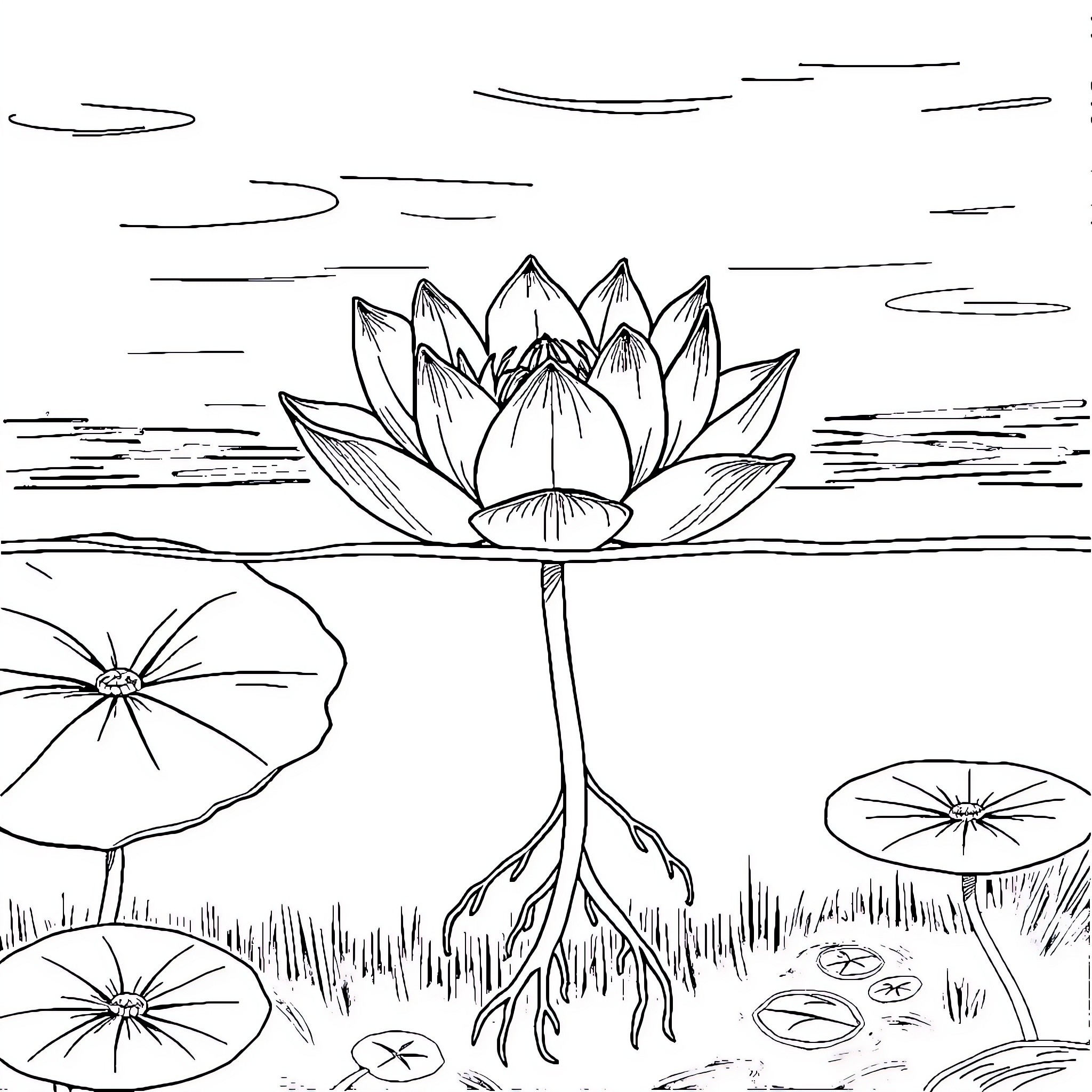 Lotus flower blooming in serene pond Coloring Page (free black-and-white line drawing printable PDF for all, from beginners to advanced learners, including children, teens, adults, and seniors)