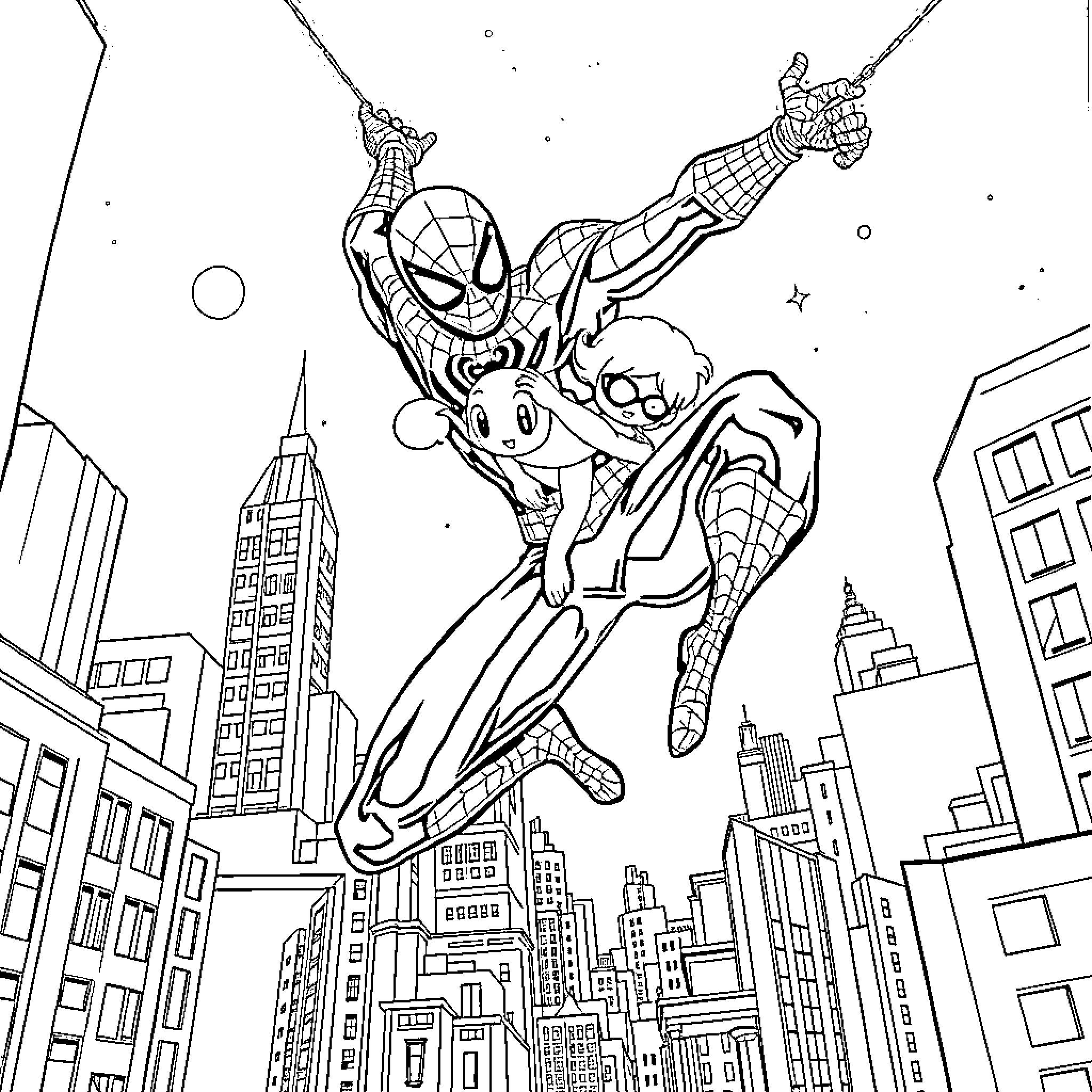 Spiderman swinging through the city skyline Coloring Page (free black-and-white line drawing printable PDF for all, from beginners to advanced learners, including children, teens, adults, and seniors)