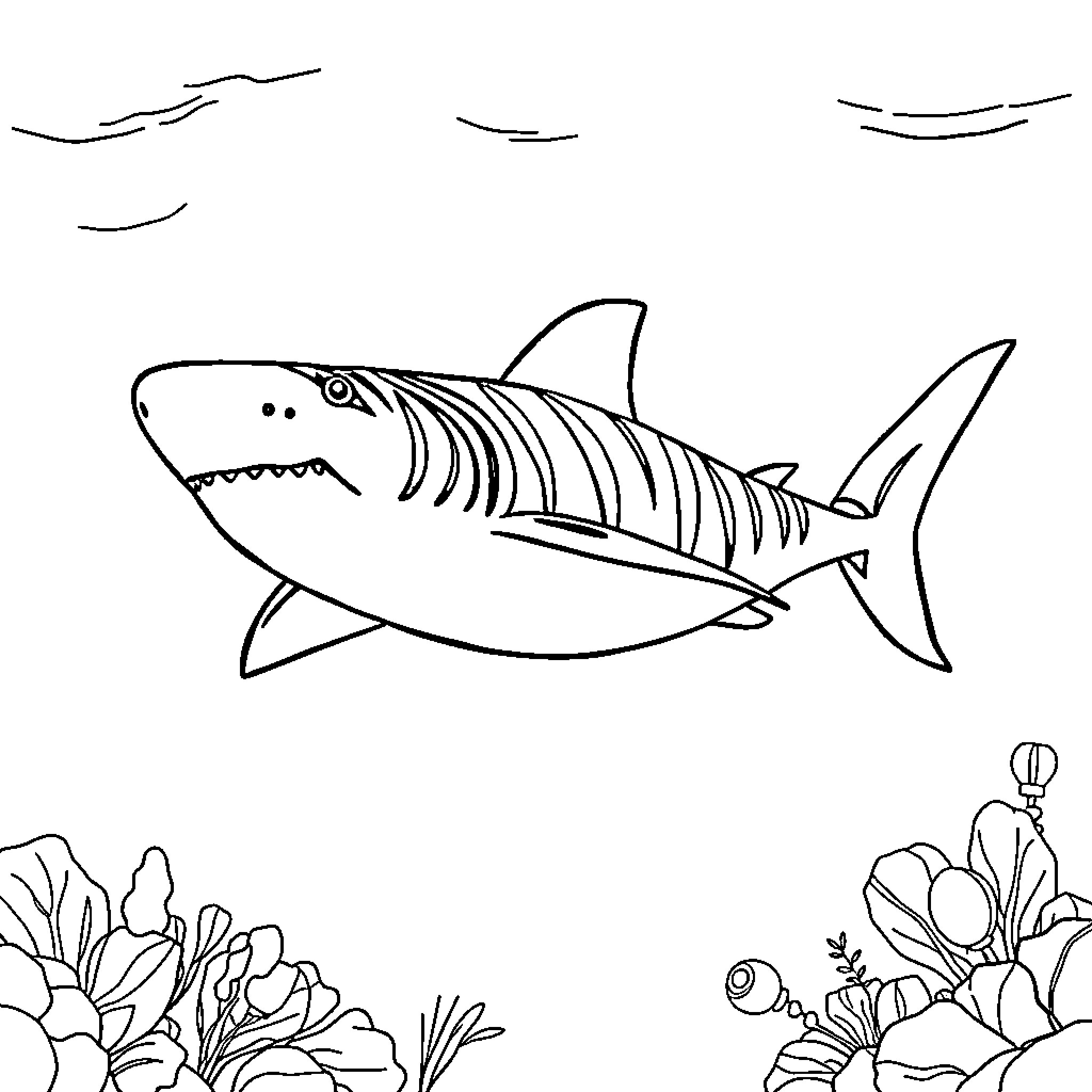Tiger Shark swimming amidst coral reef Coloring Page (free black-and-white line drawing printable PDF for all, from beginners to advanced learners, including children, teens, adults, and seniors)