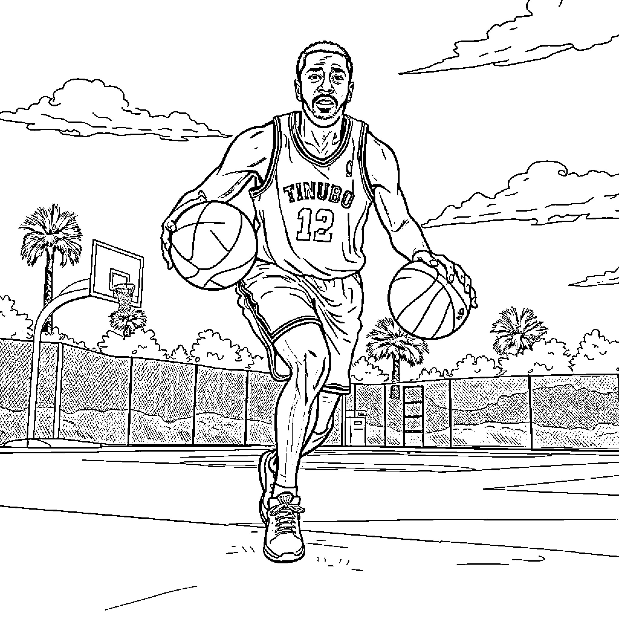 Bola Tinubu playing basketball on the court Coloring Page (free black-and-white line drawing printable PDF for all, from beginners to advanced learners, including children, teens, adults, and seniors)