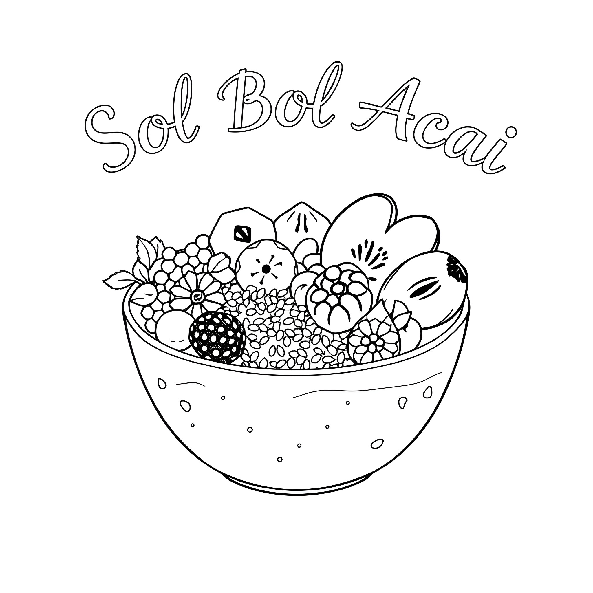 Acai Bowl with Colorful Fruits and Flowers Coloring Page (free black-and-white line drawing printable PDF for all, from beginners to advanced learners, including children, teens, adults, and seniors)