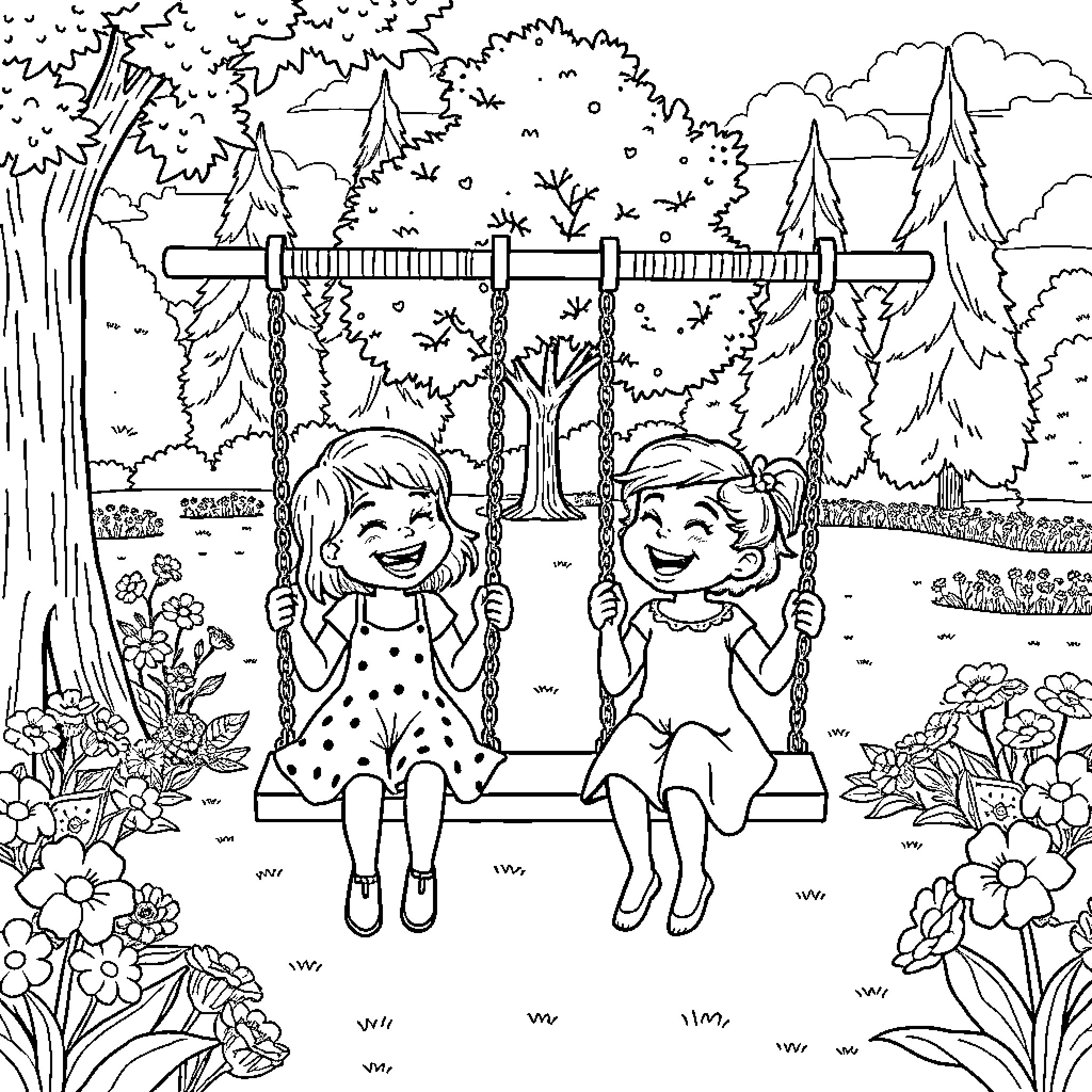 Anya and her friend playing on a swing in the forest Coloring Page (free black-and-white line drawing printable PDF for all, from beginners to advanced learners, including children, teens, adults, and seniors)