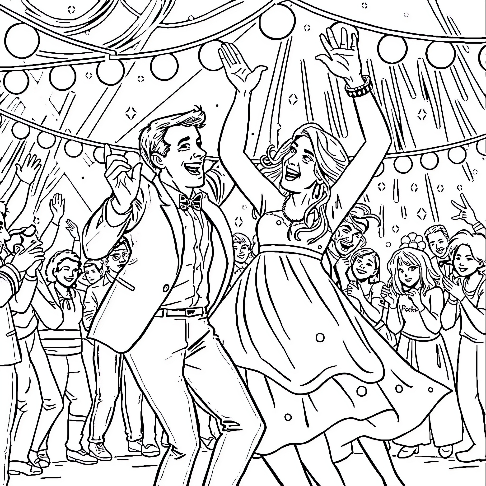 Macron's Celebration: Dancing and Revelry at the Party Coloring Page (free black-and-white line drawing printable PDF for all, from beginners to advanced learners, including children, teens, adults, and seniors)