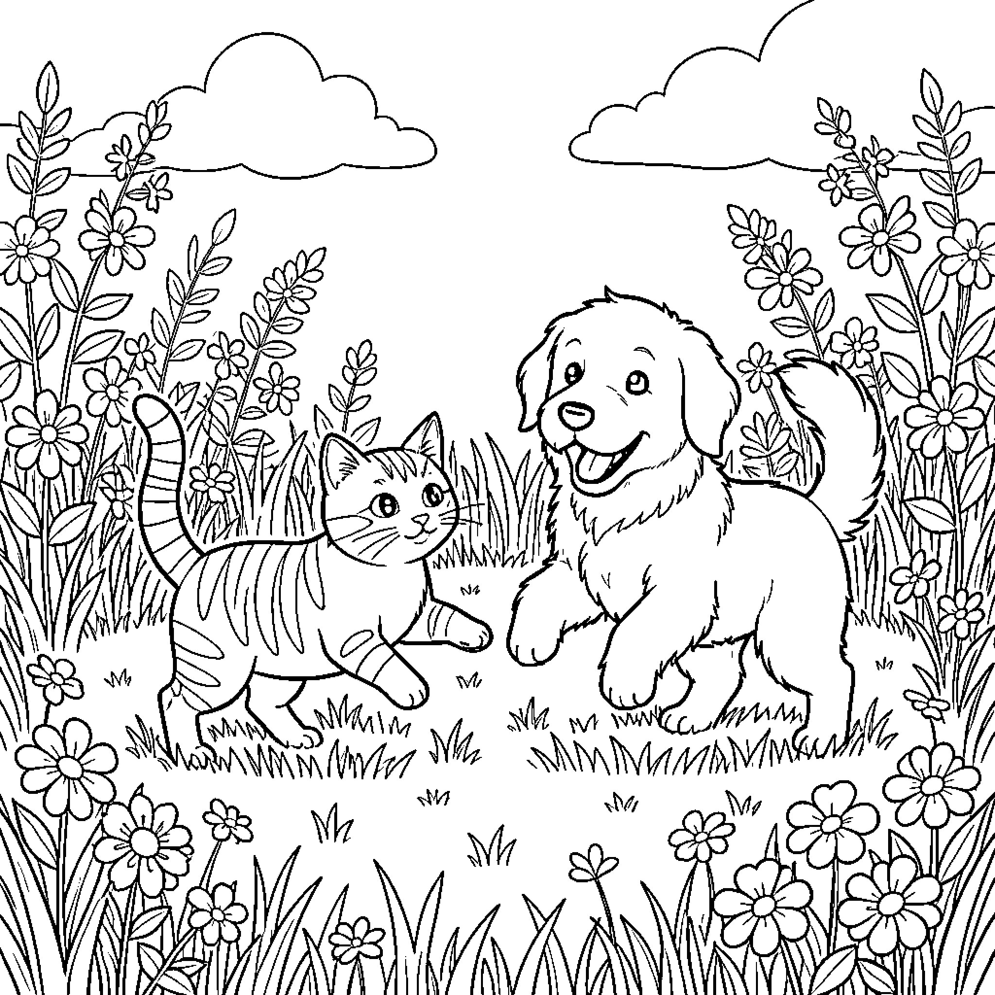 Gato and Puppy Frolicking in Flowery Meadow Coloring Page (free black-and-white line drawing printable PDF for all, from beginners to advanced learners, including children, teens, adults, and seniors)