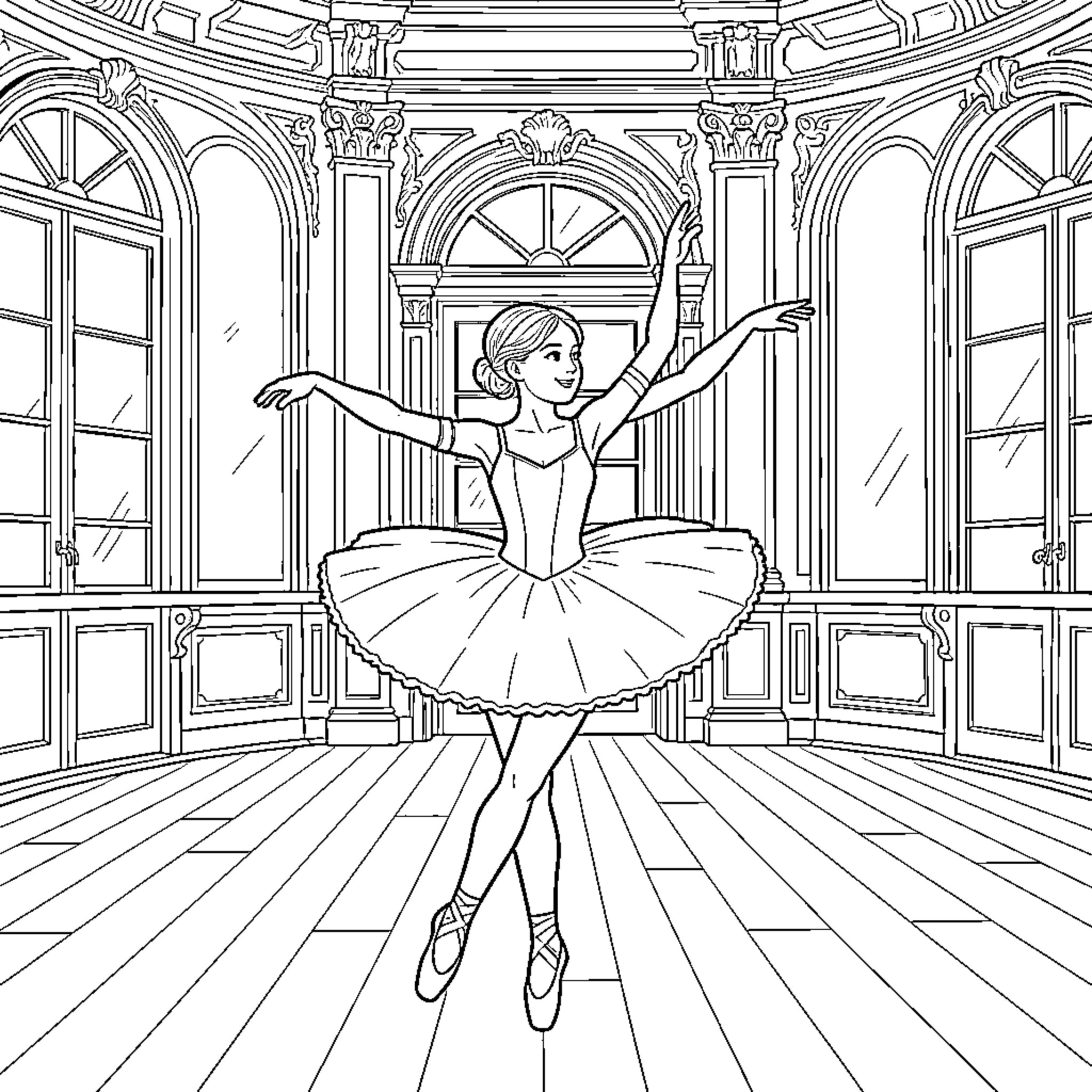 Ballerina dancing gracefully in ornate theatre setting Coloring Page (free black-and-white line drawing printable PDF for all, from beginners to advanced learners, including children, teens, adults, and seniors)
