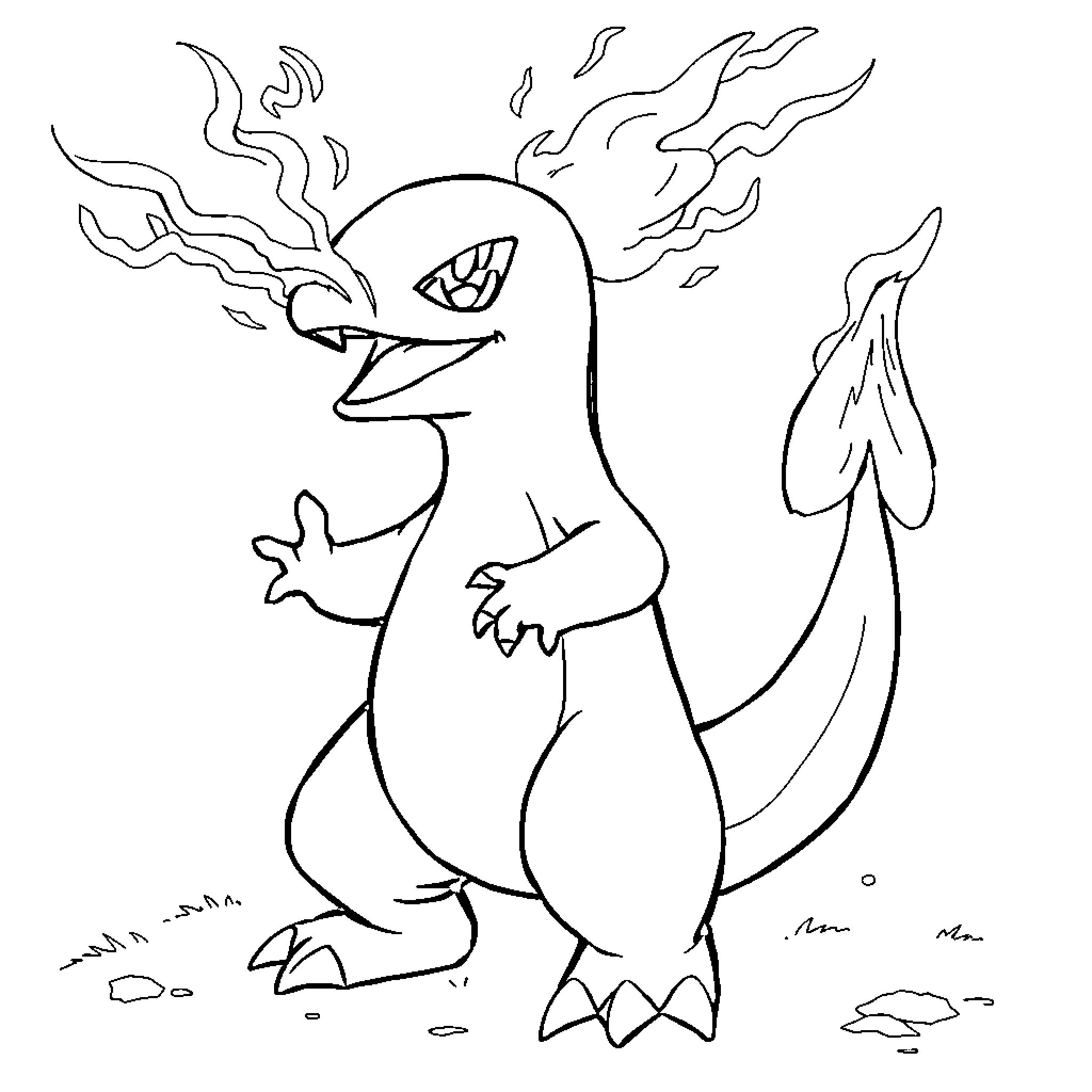 Charmander's Fiery Encounter Coloring Page (free black-and-white line drawing printable PDF for all, from beginners to advanced learners, including children, teens, adults, and seniors)