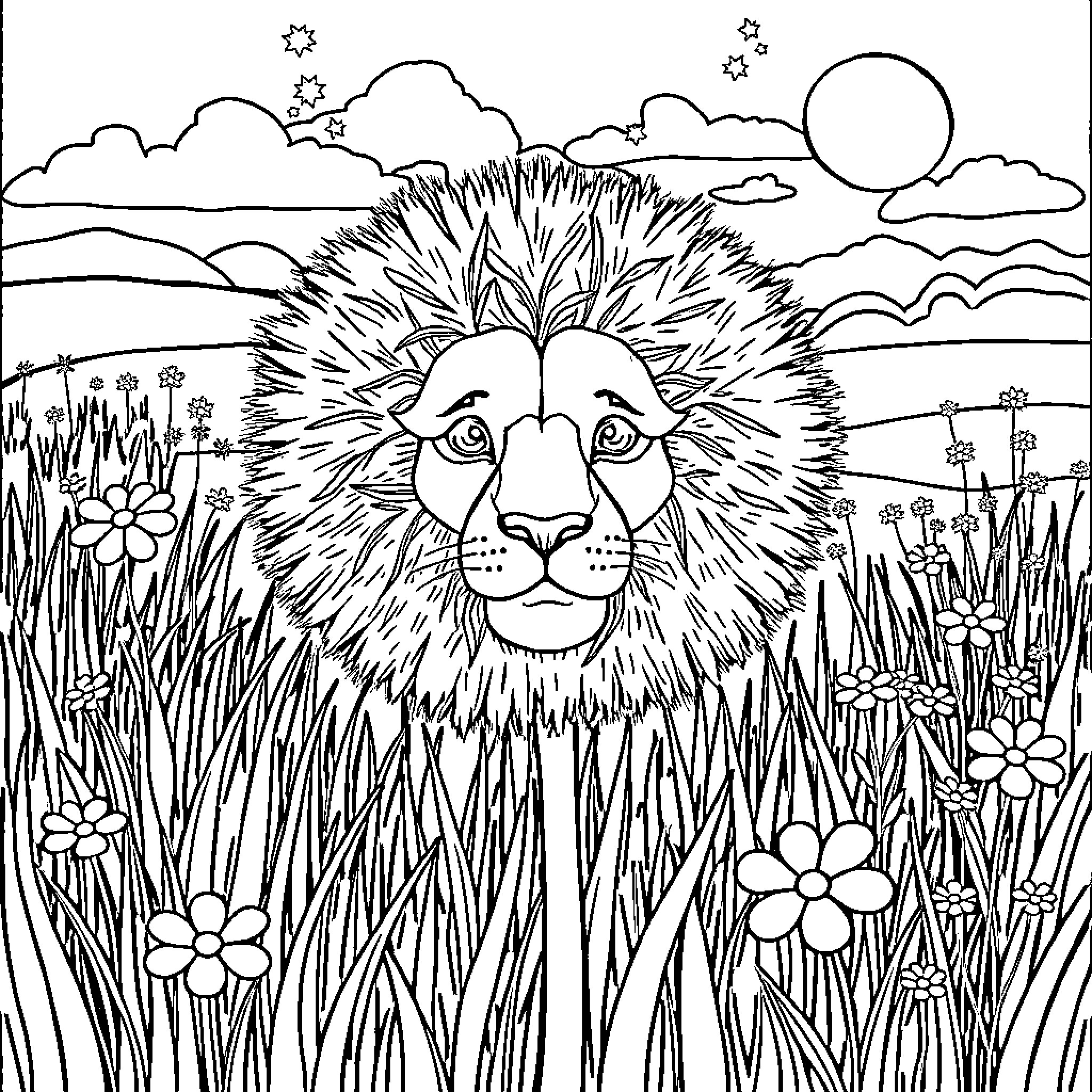 Dandelion meadow with a whimsical lion Coloring Page (free black-and-white line drawing printable PDF for all, from beginners to advanced learners, including children, teens, adults, and seniors)