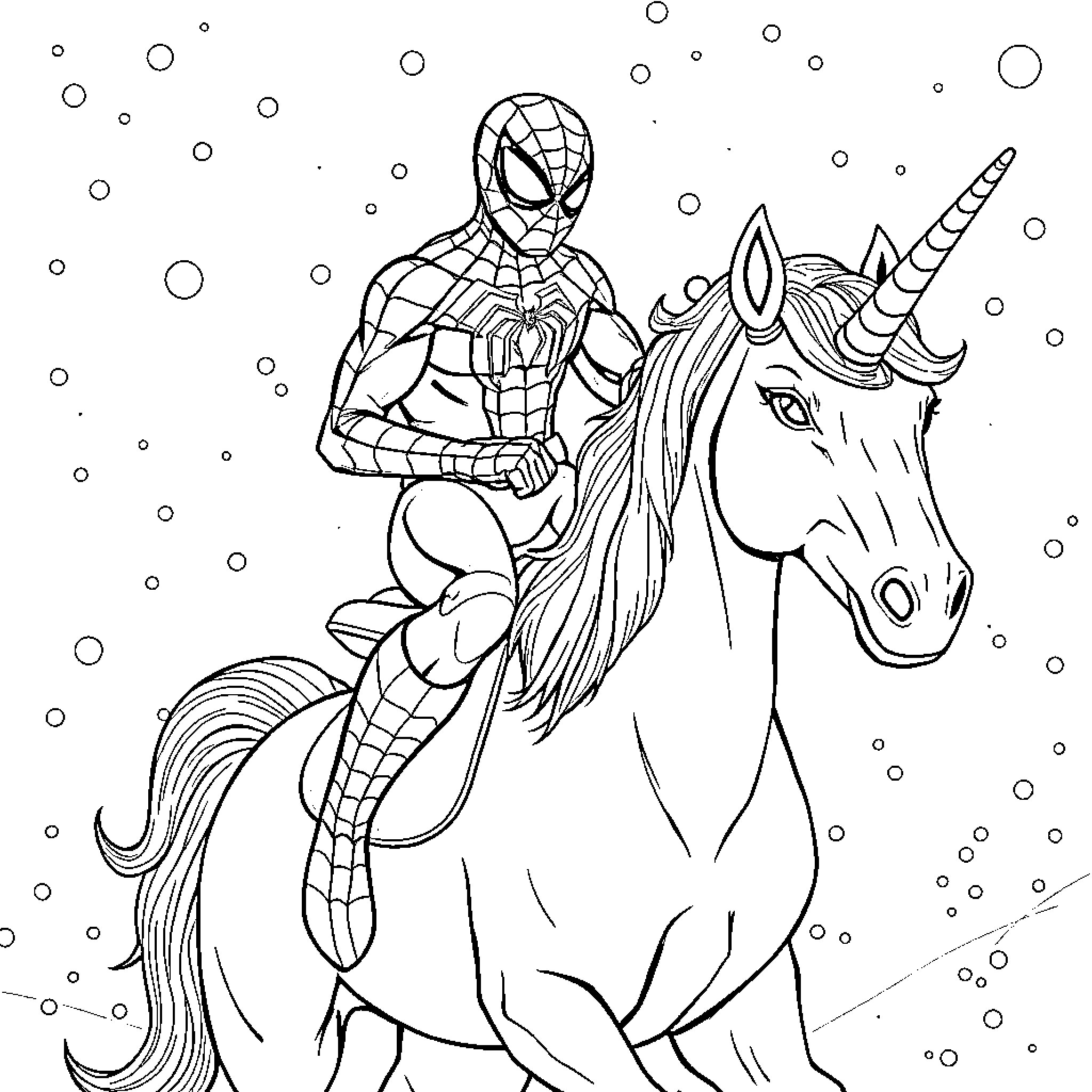 Spiderman riding a magical unicorn in the snow Coloring Page (free black-and-white line drawing printable PDF for all, from beginners to advanced learners, including children, teens, adults, and seniors)