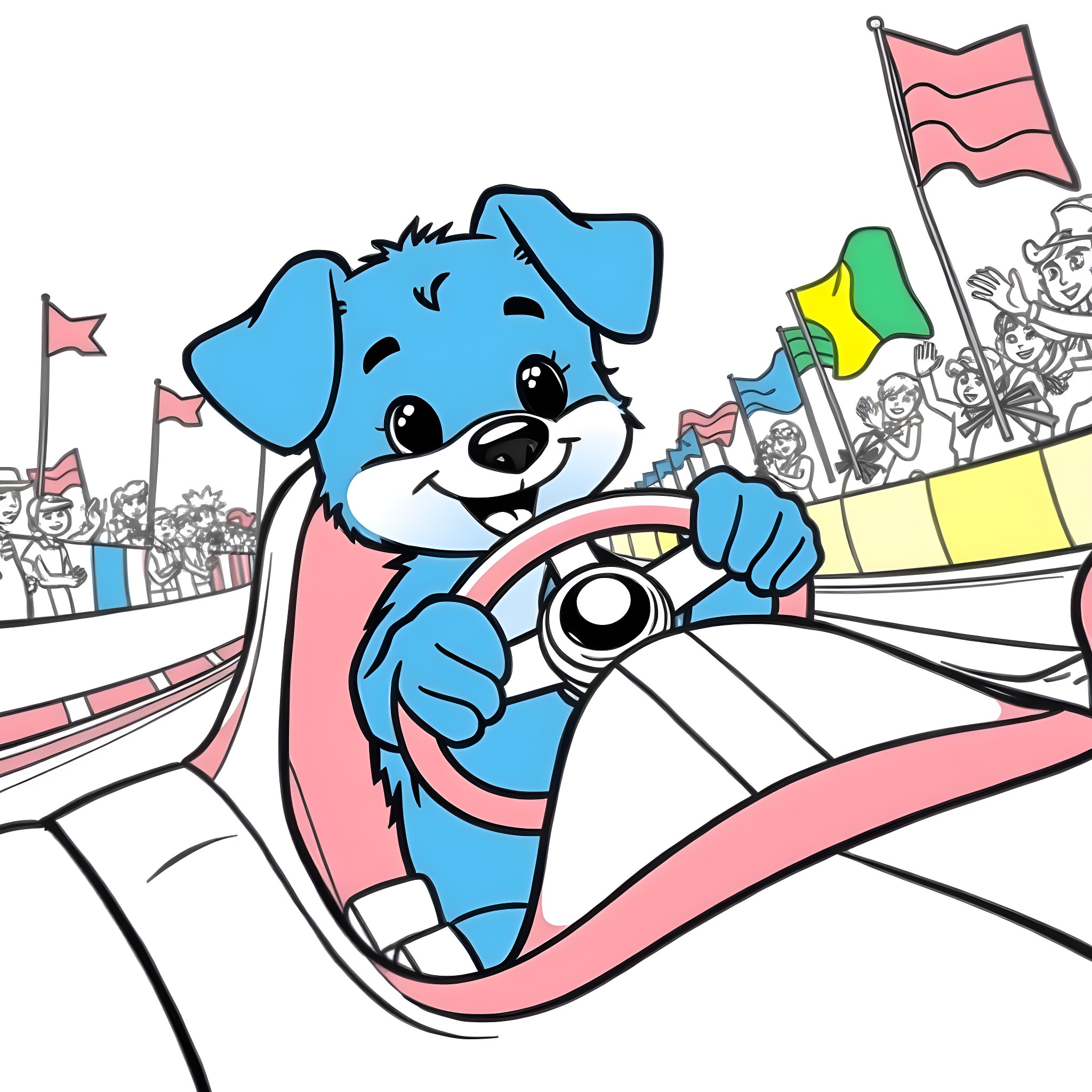 Bluey racing in a colorful cartoon car Coloring Page (free black-and-white line drawing printable PDF for all, from beginners to advanced learners, including children, teens, adults, and seniors)