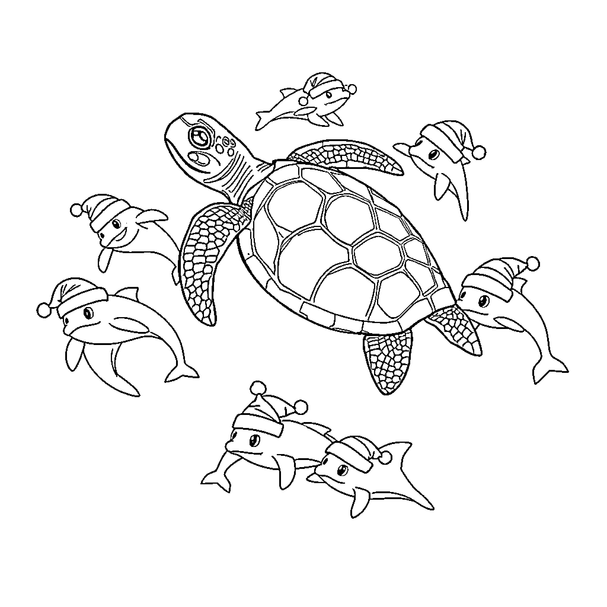 Sea Turtle swimming with playful dolphins Coloring Page (free black-and-white line drawing printable PDF for all, from beginners to advanced learners, including children, teens, adults, and seniors)