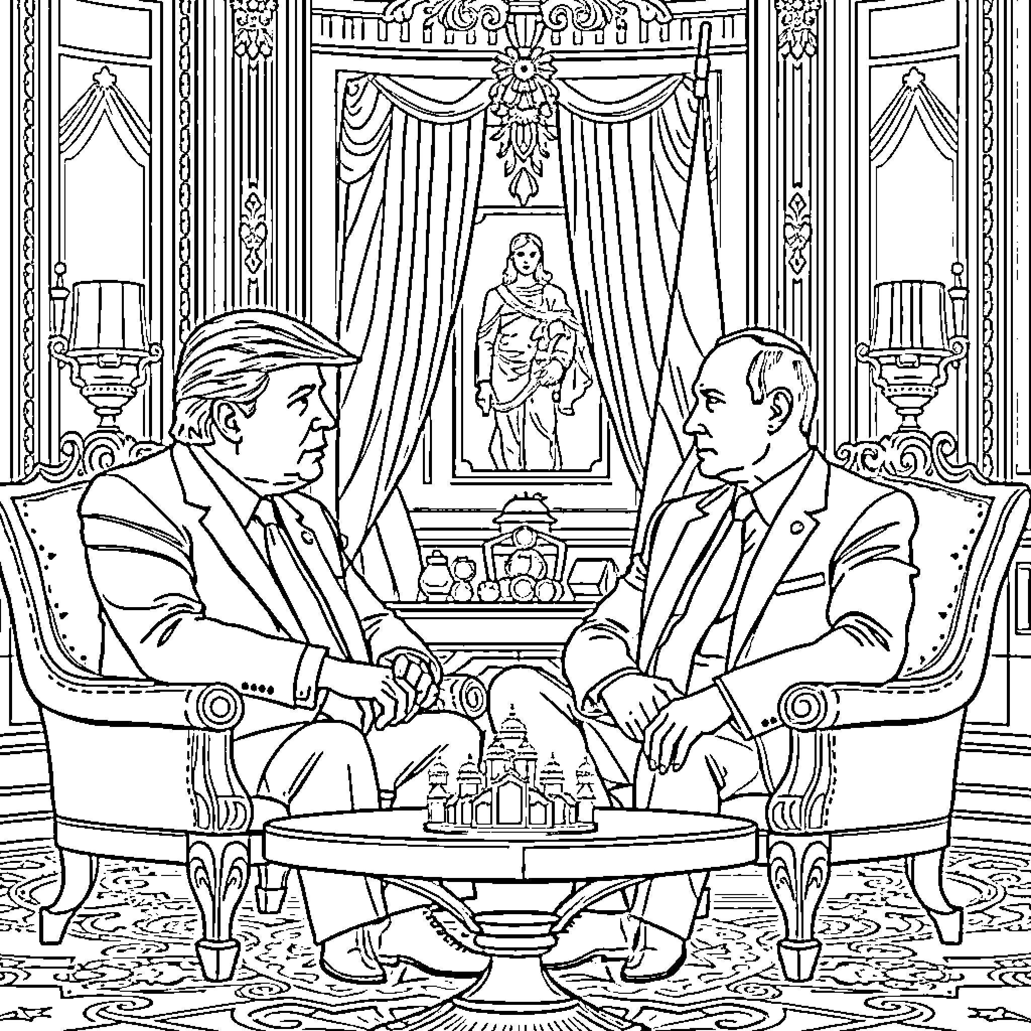 Donald Trump Meeting with Businessman in Ornate Room Coloring Page (free black-and-white line drawing printable PDF for all, from beginners to advanced learners, including children, teens, adults, and seniors)