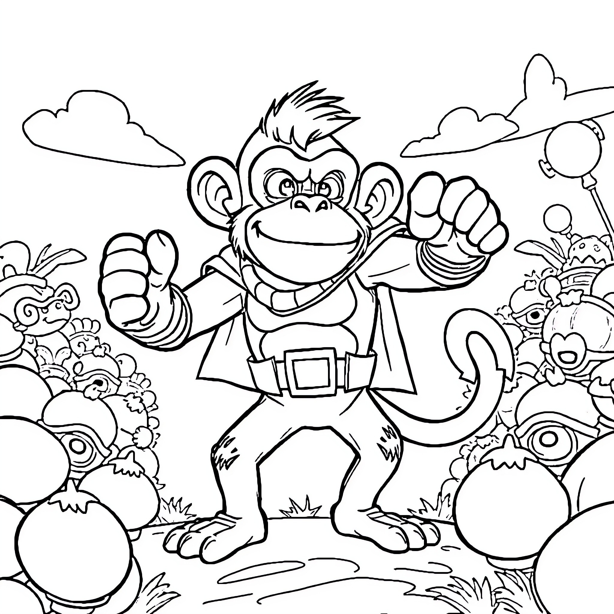 Super Monkey's Playful Adventure Coloring Page (free black-and-white line drawing printable PDF for all, from beginners to advanced learners, including children, teens, adults, and seniors)