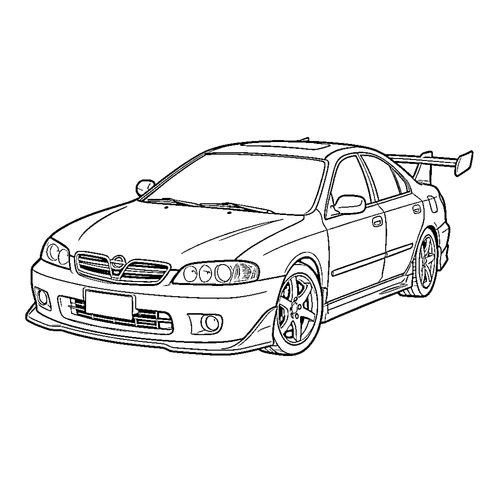 Nissan sports car in stylish design Coloring Page (free black-and-white line drawing printable PDF for all, from beginners to advanced learners, including children, teens, adults, and seniors)